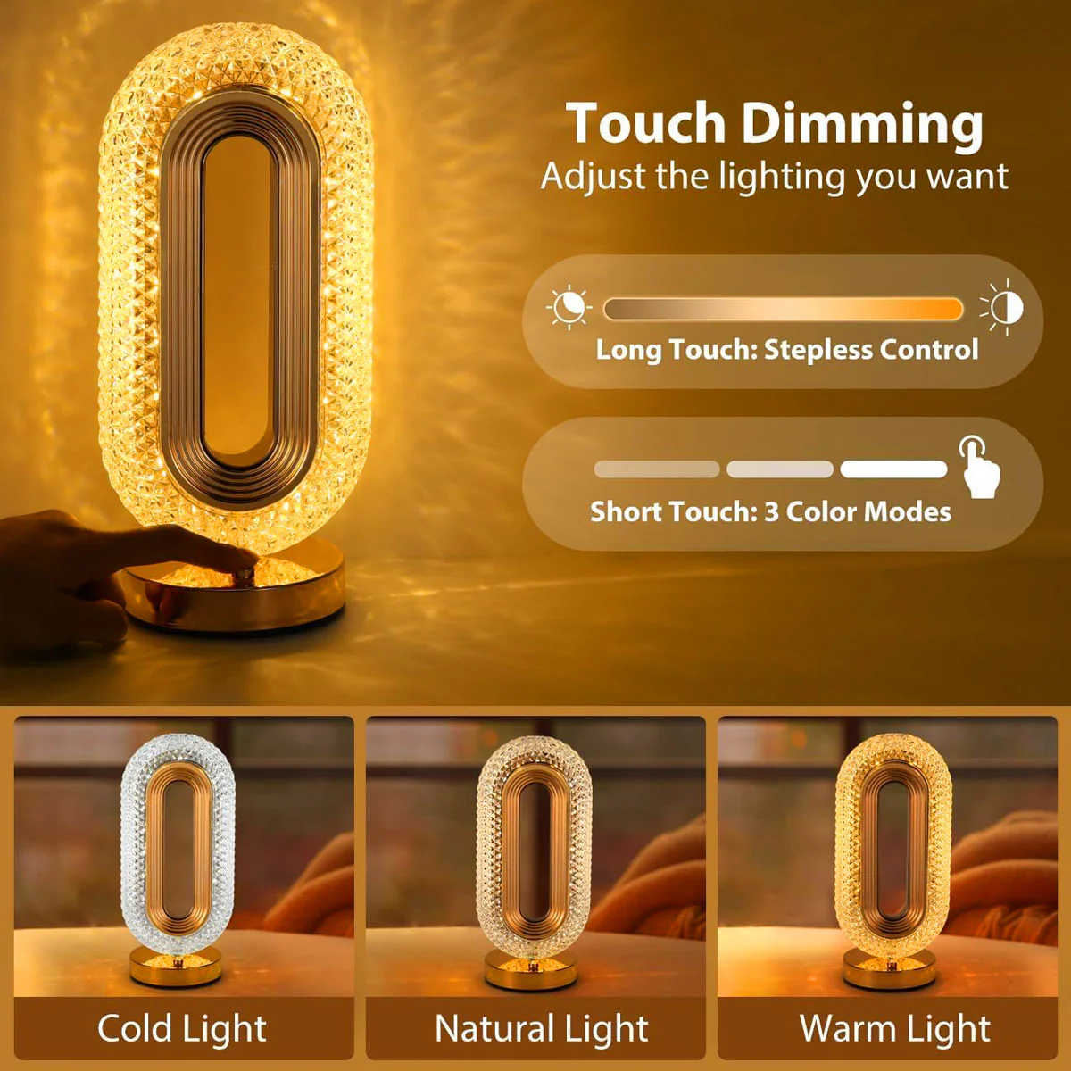AM5944 Crystal Rounded Pill LED Table Lamp with USB Cable - Sensor 3 Color Modes - Image 3