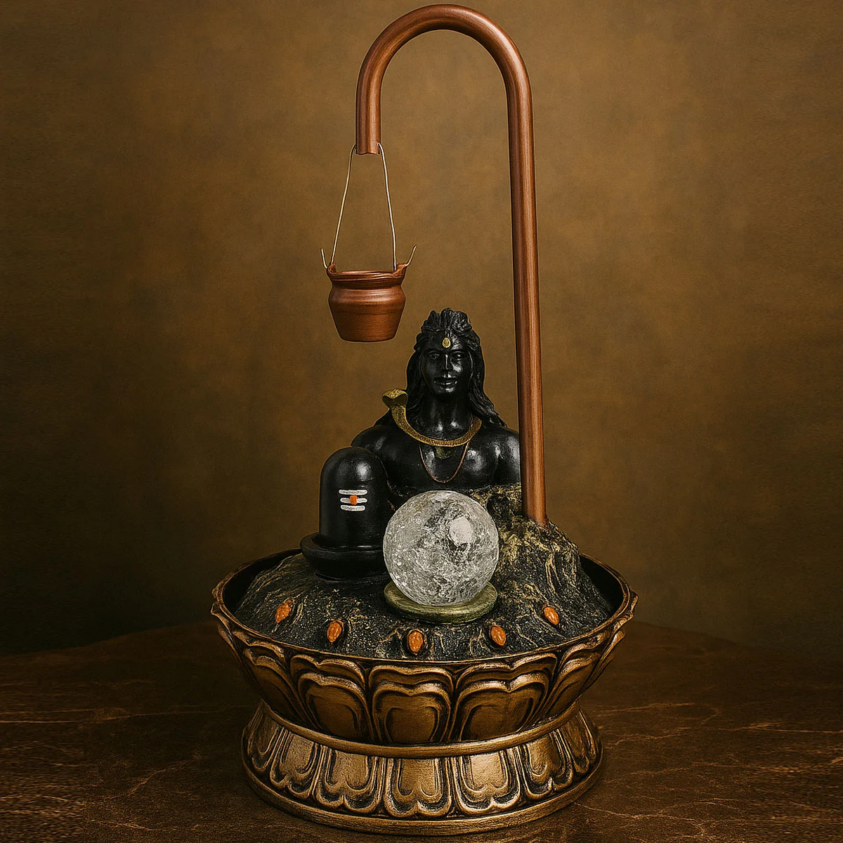 AM6054 Luxury Copper Adiyogi Shivling Water Fountain With Crystal Ball for Home Decor - Image 3
