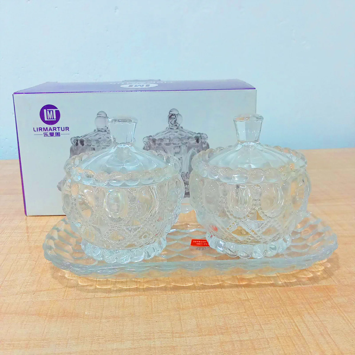 AM5971 Vintage Style Crystal Glass Candy Sugar jar Serving Bowl with Tray, Clear - Set of 3 Pcs - Image 3