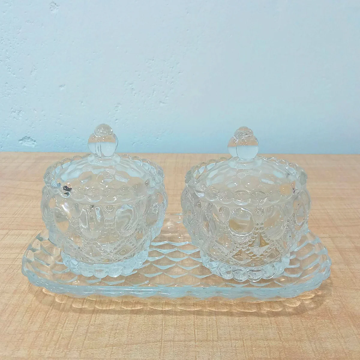 AM5971 Vintage Style Crystal Glass Candy Sugar jar Serving Bowl with Tray, Clear - Set of 3 Pcs - Image 4
