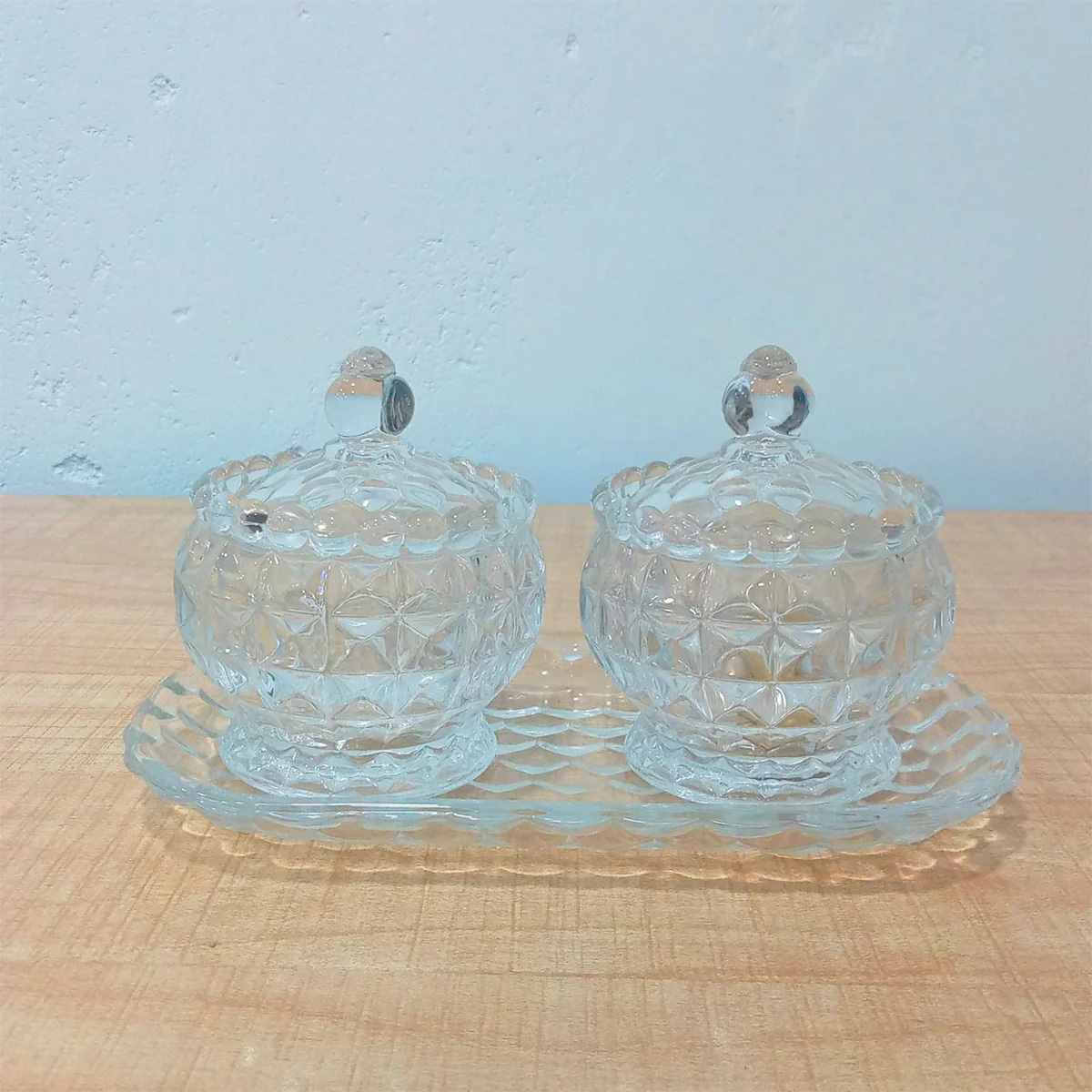 AM5971 Vintage Style Crystal Glass Candy Sugar jar Serving Bowl with Tray, Clear - Set of 3 Pcs - Image 5