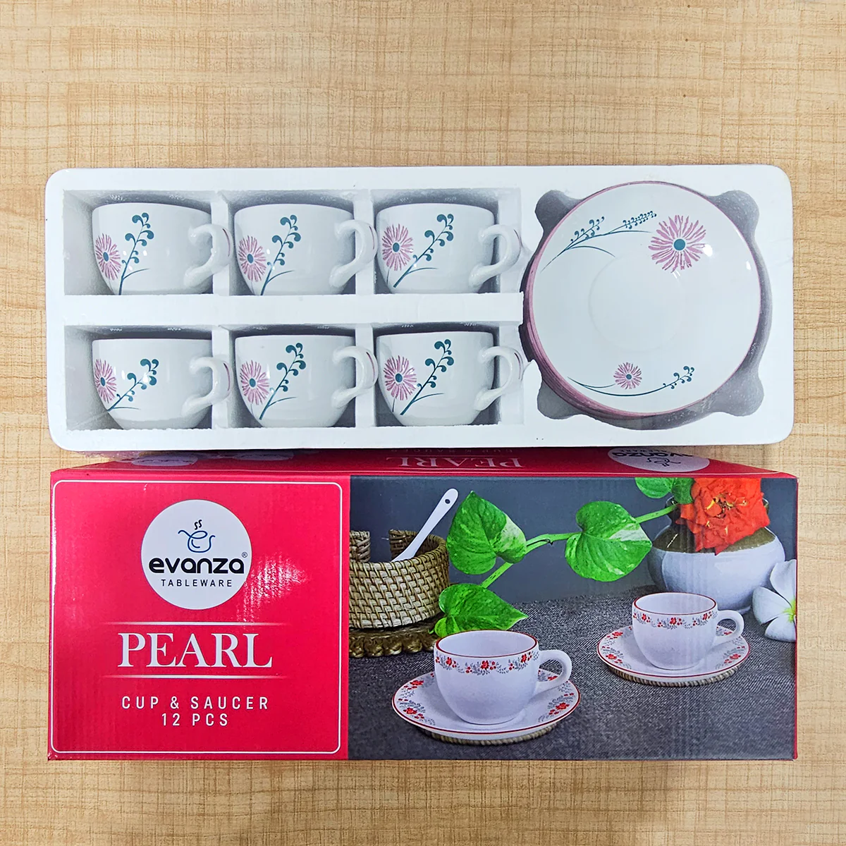 AM6002 Evanza Tableware Pearl & Oyster Cup & Saucer Set of 12 Pc