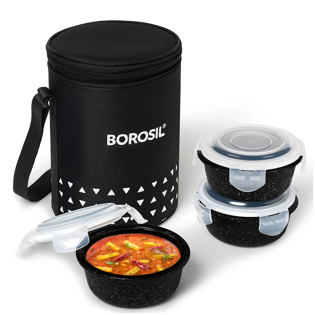 AM6187 Borosil Kube Black Glass Lunch Box, Round x 3 (Tall), Set of 3, 400ml - Image 2