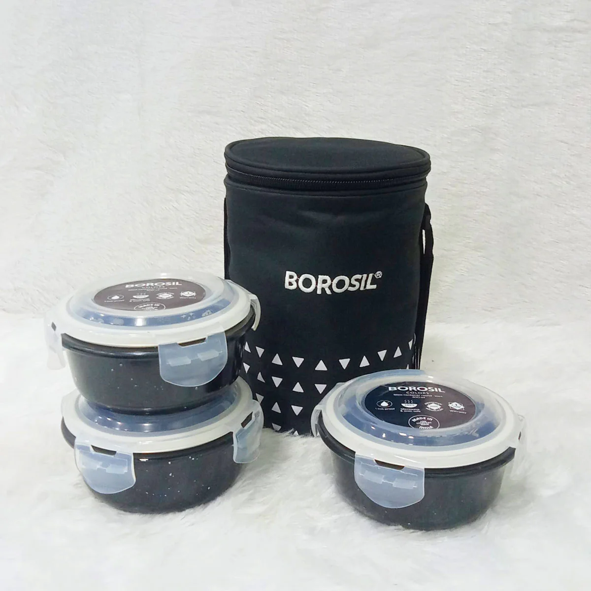 AM6187 Borosil Kube Black Glass Lunch Box, Round x 3 (Tall), Set of 3, 400ml - Image 5