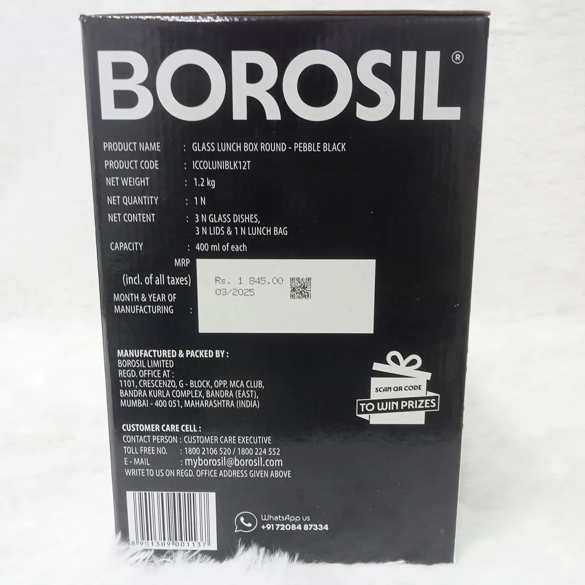 AM6187 Borosil Kube Black Glass Lunch Box, Round x 3 (Tall), Set of 3, 400ml - Image 8