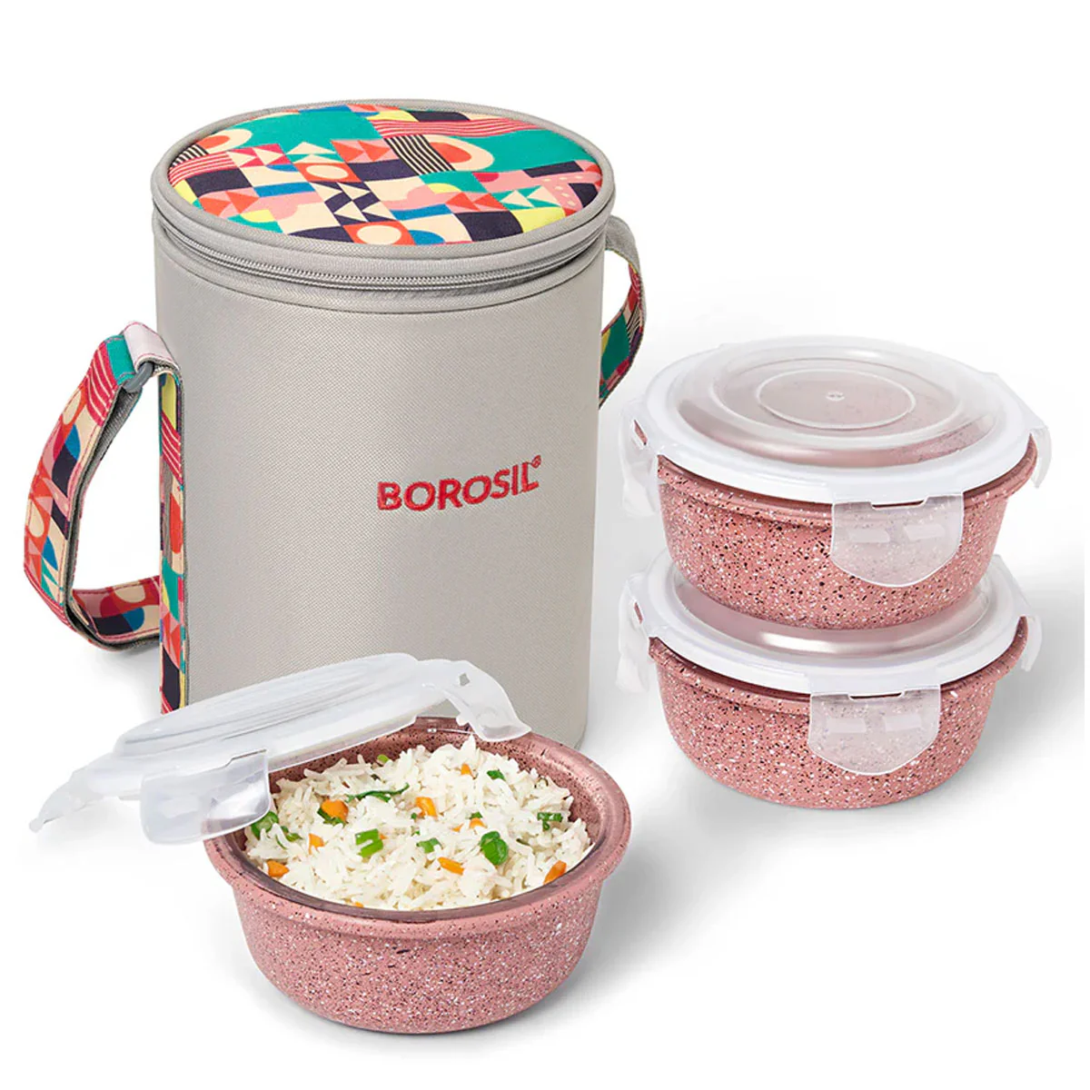 AM6188 Borosil Kube Pink Glass Lunch Box, Round x 3 (Tall), Set of 3, 400ml - Image 2