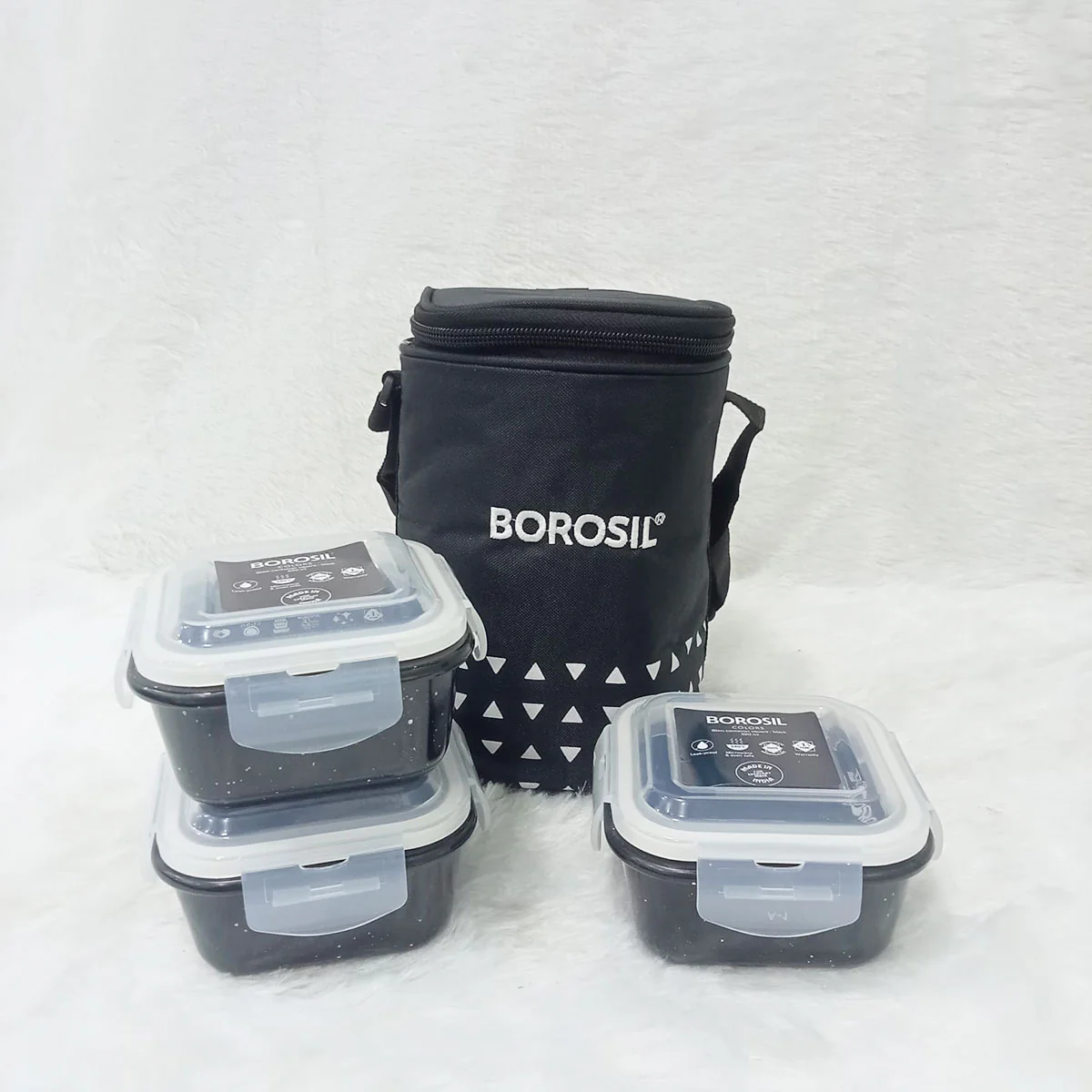 AM6189 Borosil Kube Black Glass Lunch Box, Square x 3 (Tall), Set of 3, 320ml - Image 6