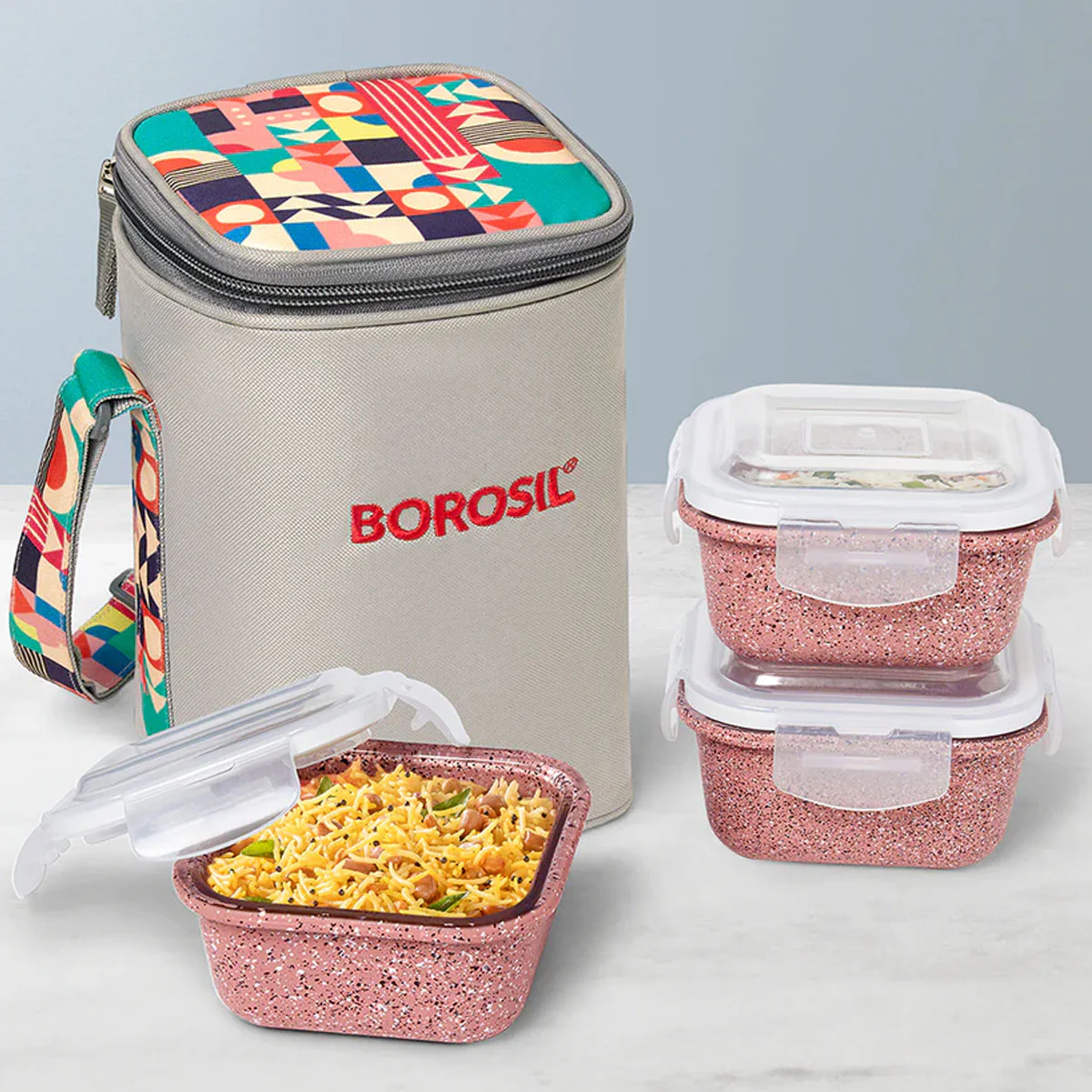 AM6190 Borosil Kube Pink Glass Lunch Box, Square x 3 (Tall), Set of 3, 320ml