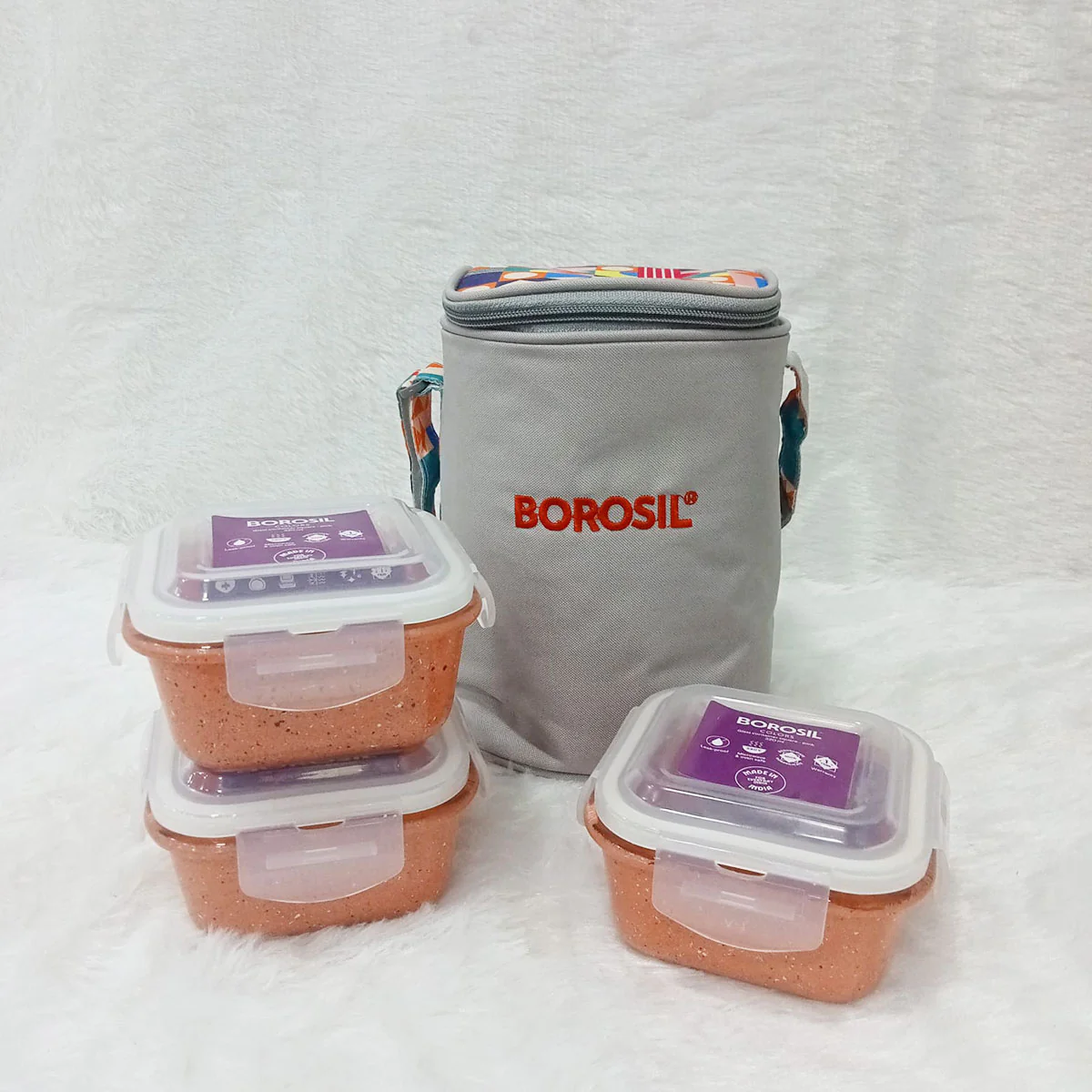 AM6190 Borosil Kube Pink Glass Lunch Box, Square x 3 (Tall), Set of 3, 320ml - Image 5