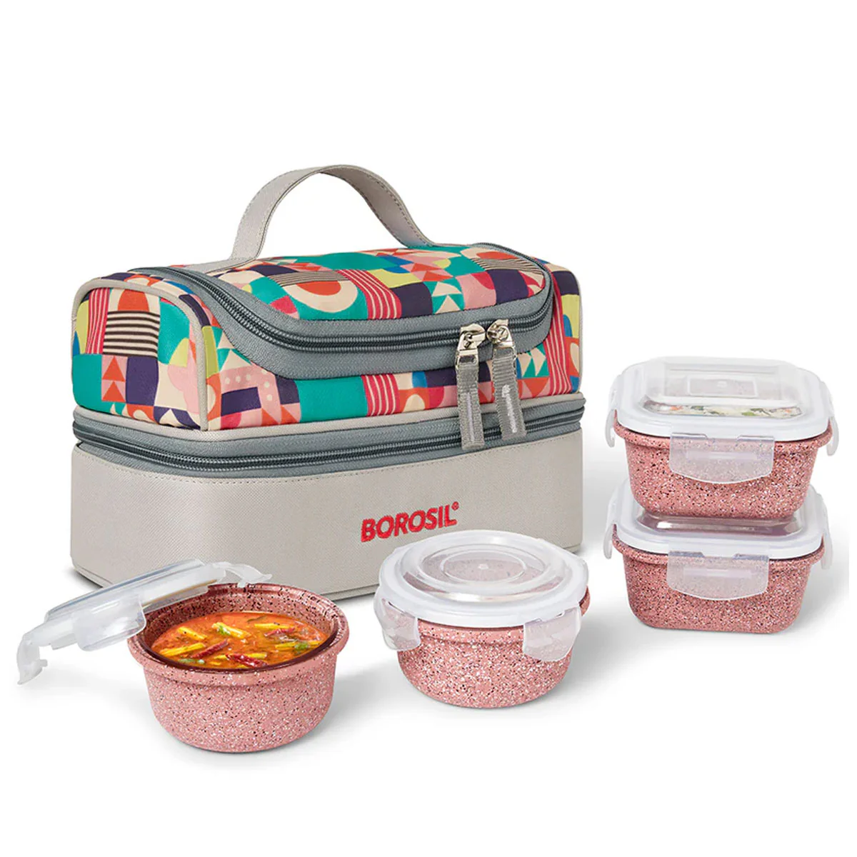 AM6192 Borosil Kube Pink Universal Glass Lunchbox, 320ml x 2 + 240ml x 2 - Image 2