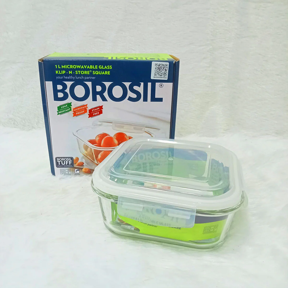 AM6195 Borosil Klip N Store Square Glass Container - 1 Ltr with Air Tight Lid