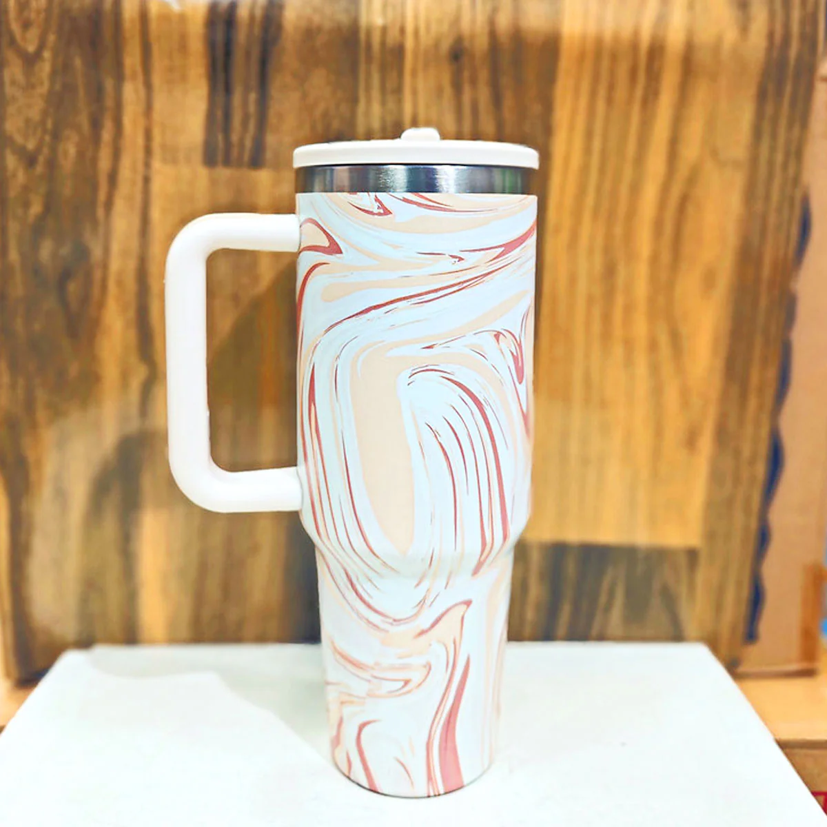 AM6258 Marble Swirl Stainless Steel Tumbler with Handle, Lid & Straw