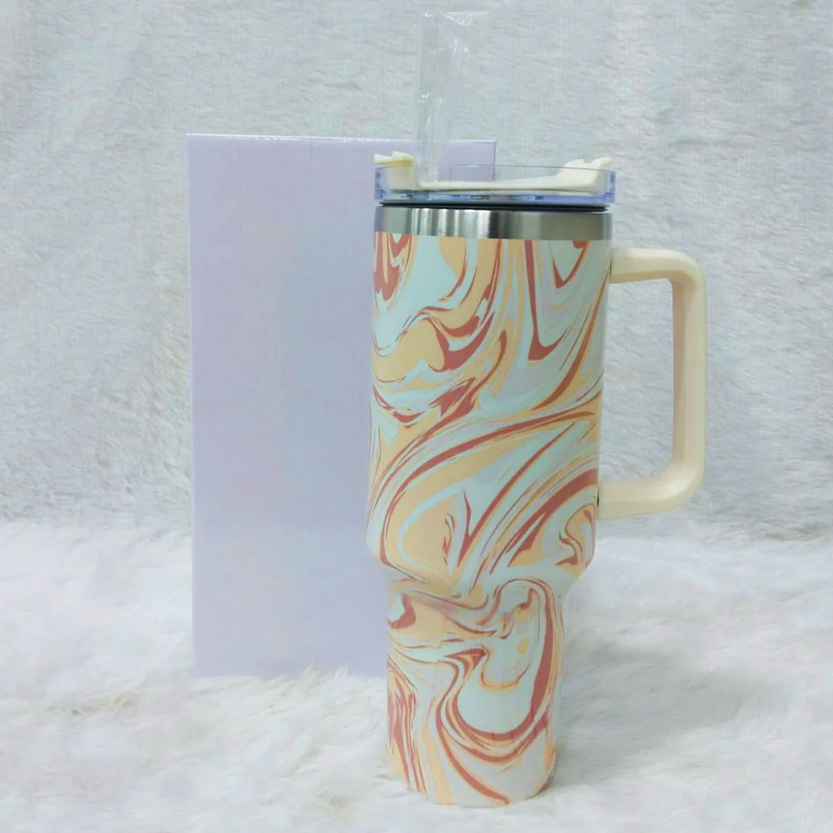 AM6258 Marble Swirl Stainless Steel Tumbler with Handle, Lid & Straw - Image 2