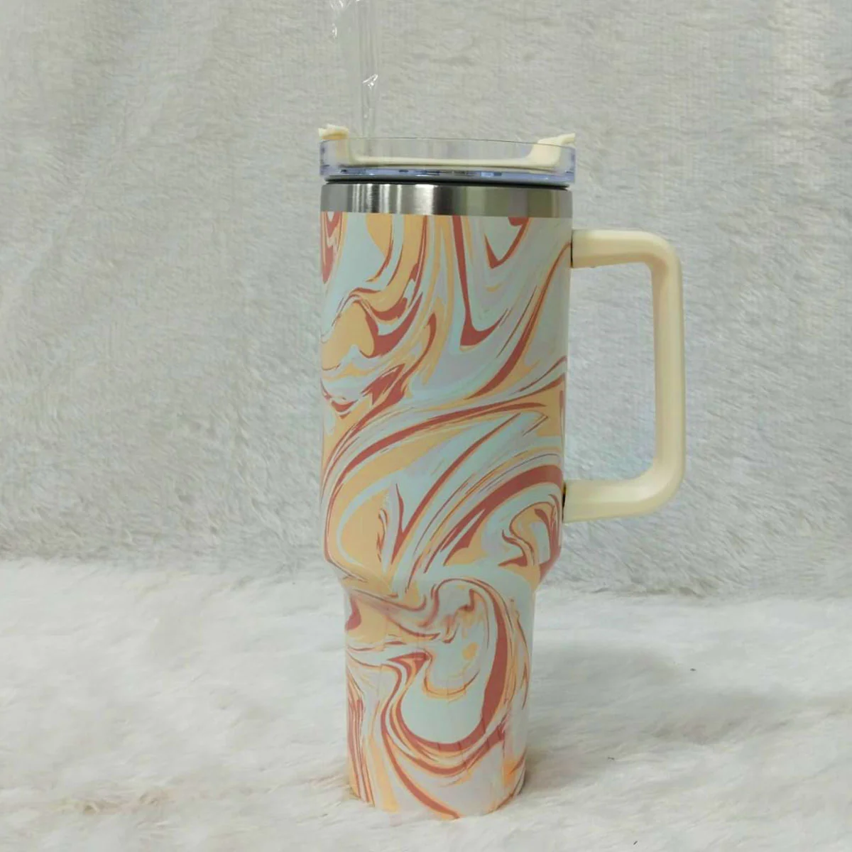 AM6258 Marble Swirl Stainless Steel Tumbler with Handle, Lid & Straw - Image 5