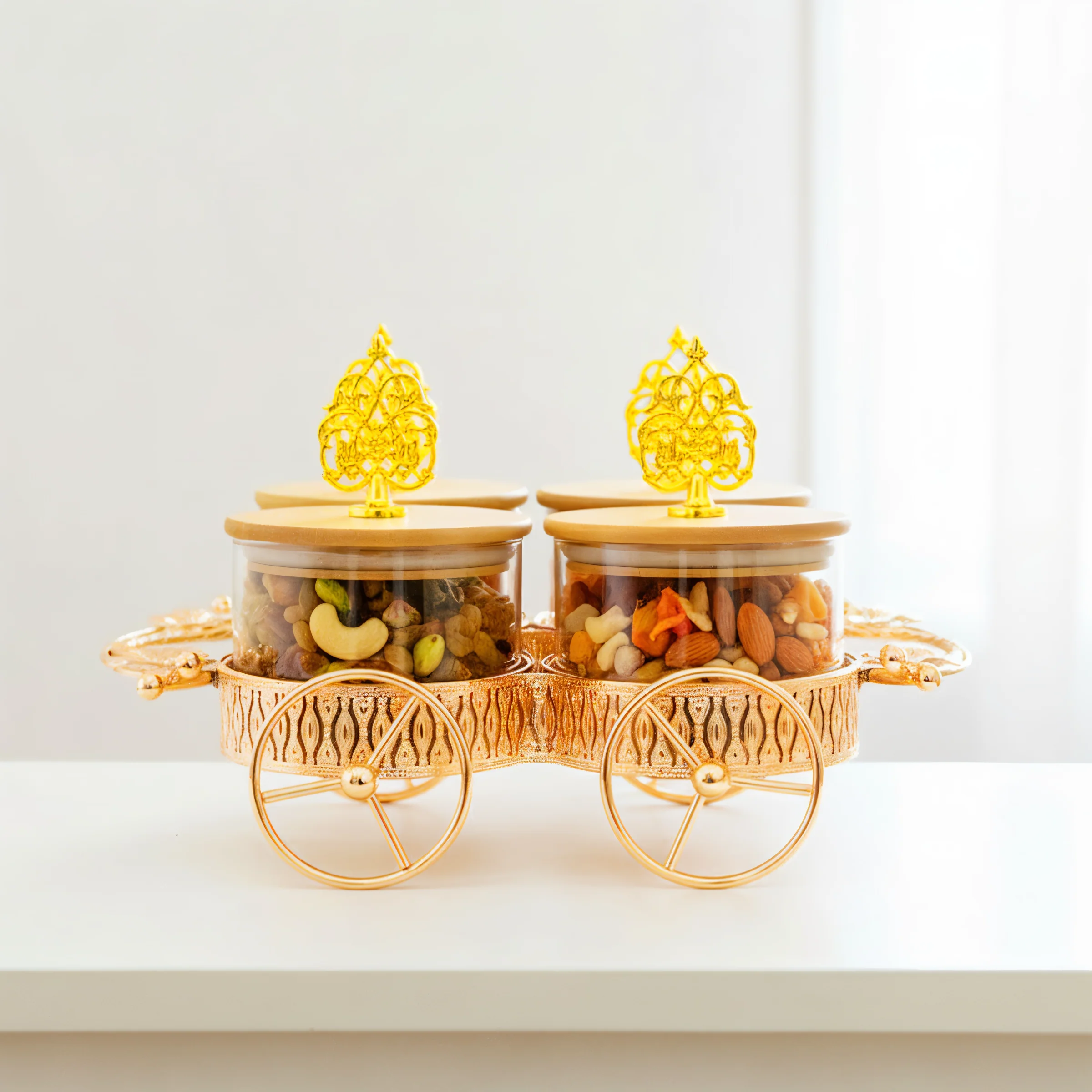 AM6271 Luxury Candy Jar Set 4 Pcs With Golden Cart Stand - Image 3