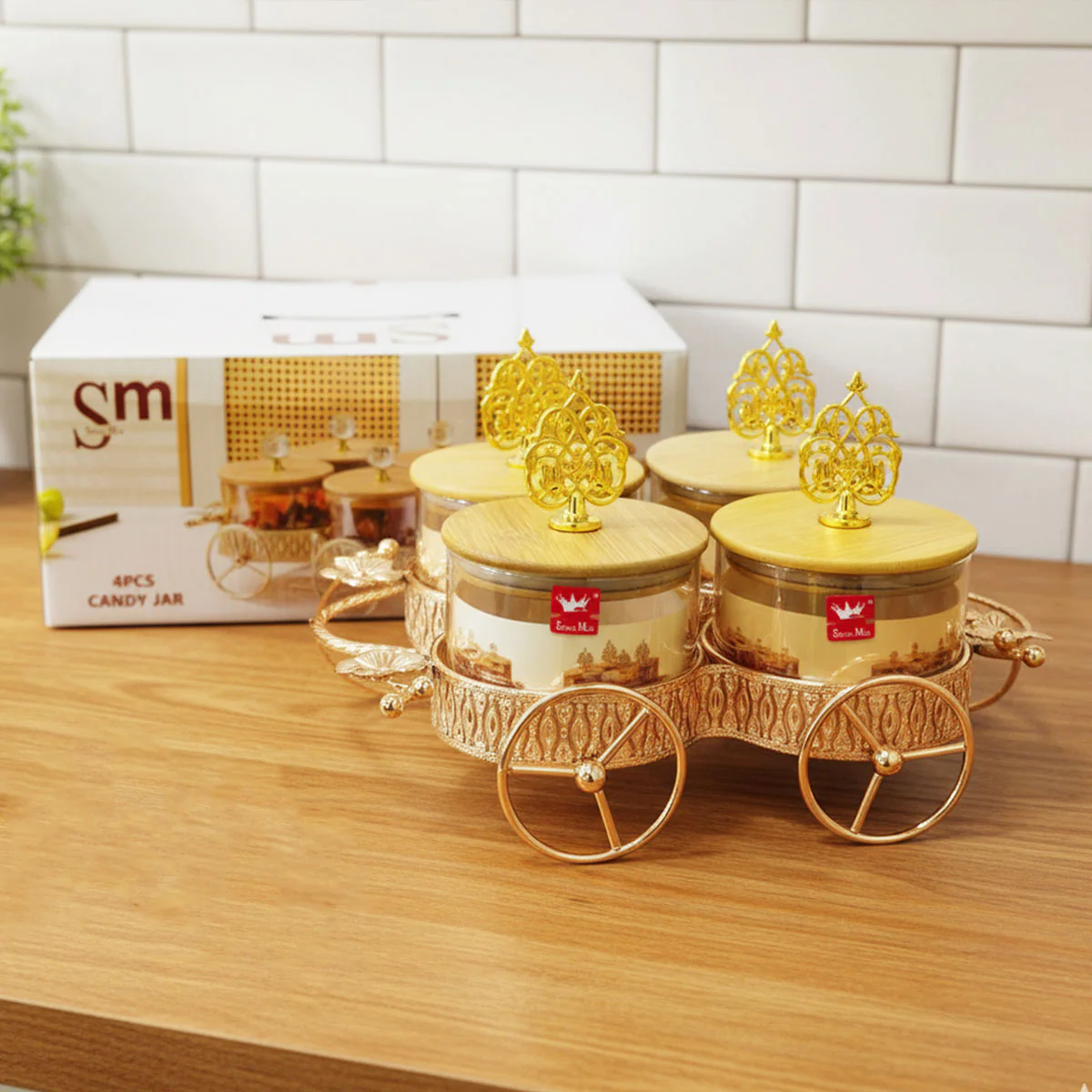 AM6271 Luxury Candy Jar Set 4 Pcs With Golden Cart Stand - Image 4