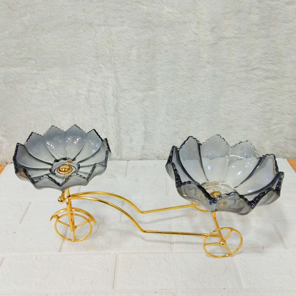 AM6273 Elegant Twin Glass Bowl with Golden Tricycle Stand – Decorative Serving Set - Image 7