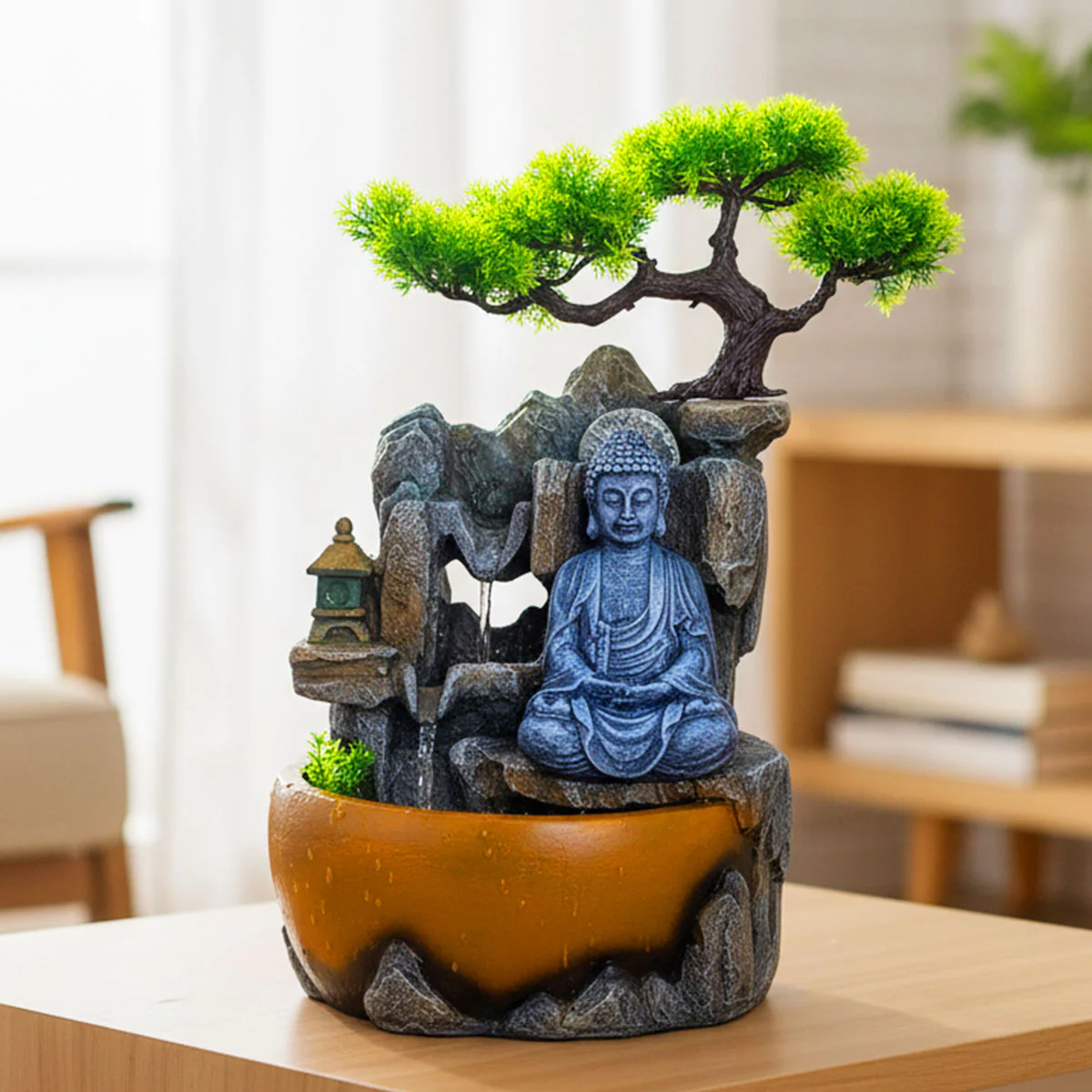 AM6256 Meditating Buddha Tabletop Water Fountain with Bonsai Tree
