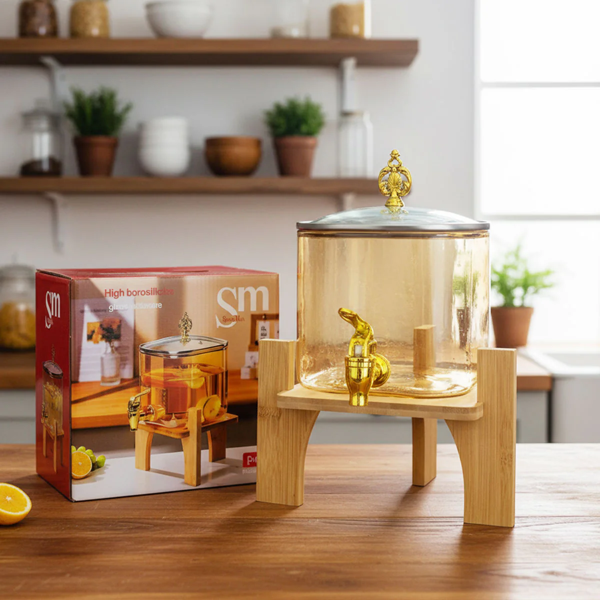 AM6275 High Borosilicate Glass Juice Dispenser with Wooden Stand – 1 Pc - Image 2