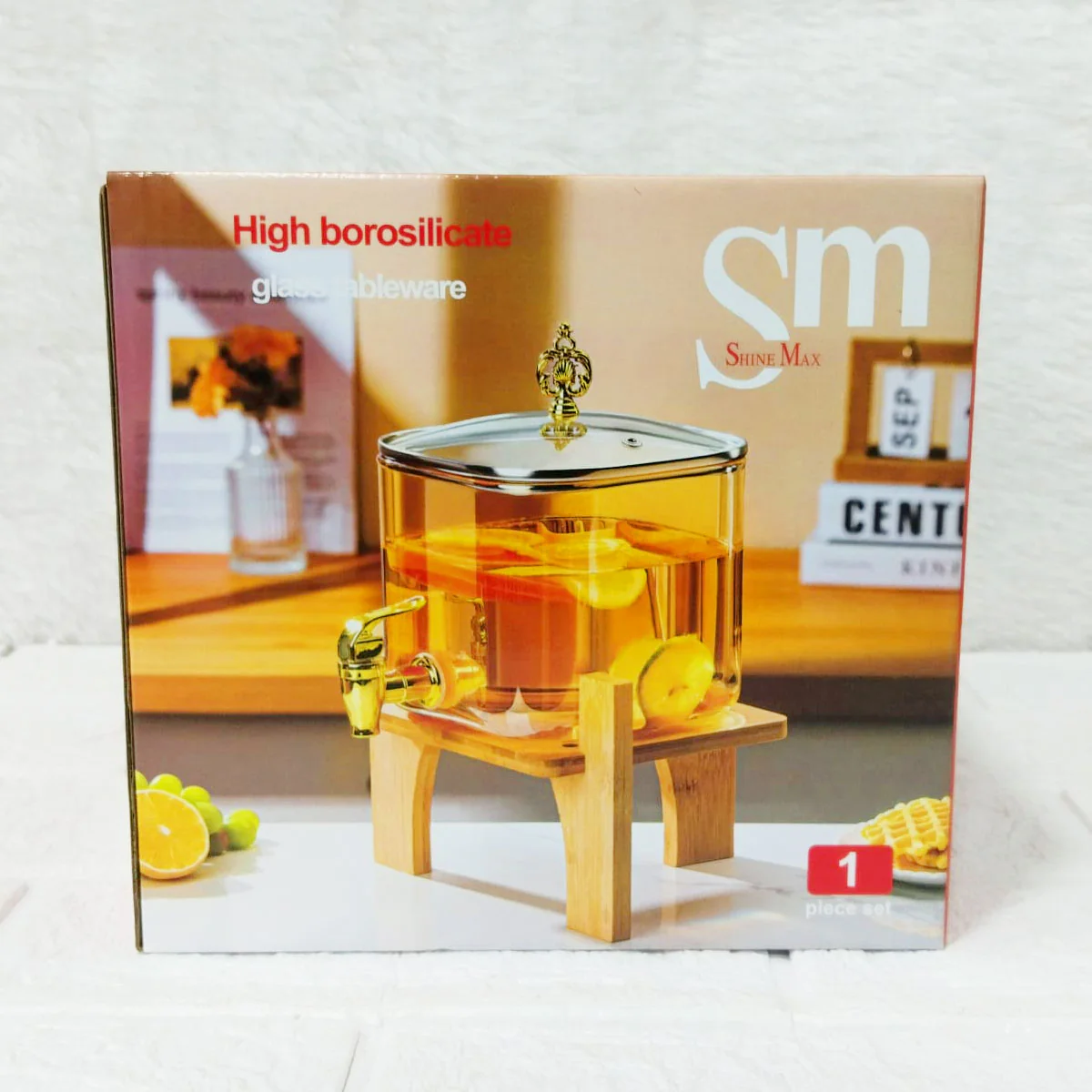 AM6275 High Borosilicate Glass Juice Dispenser with Wooden Stand – 1 Pc - Image 4