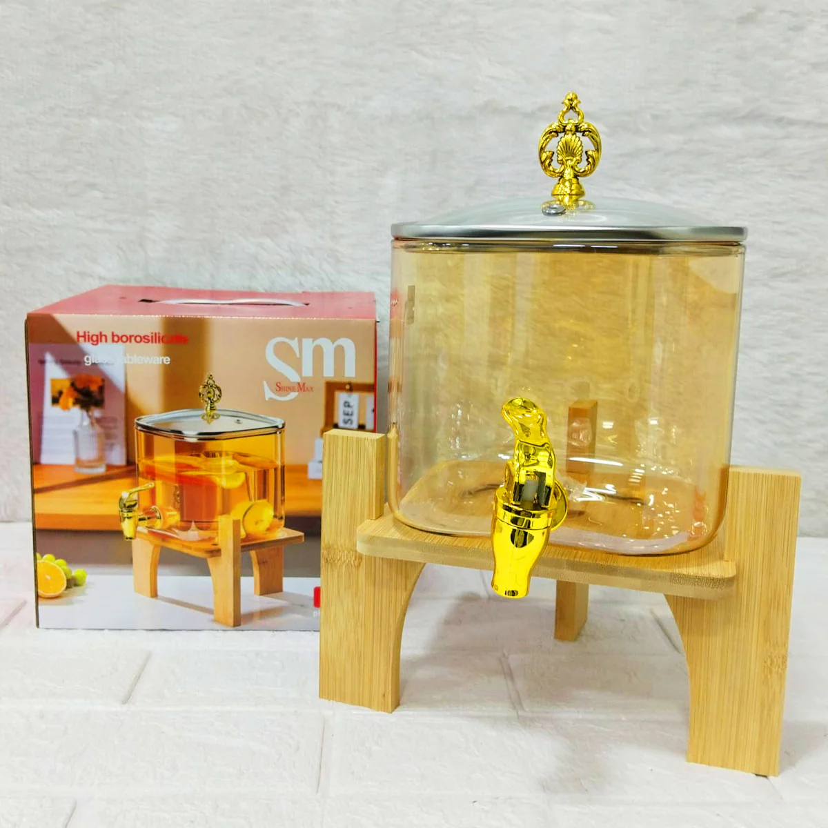 AM6275 High Borosilicate Glass Juice Dispenser with Wooden Stand – 1 Pc - Image 5