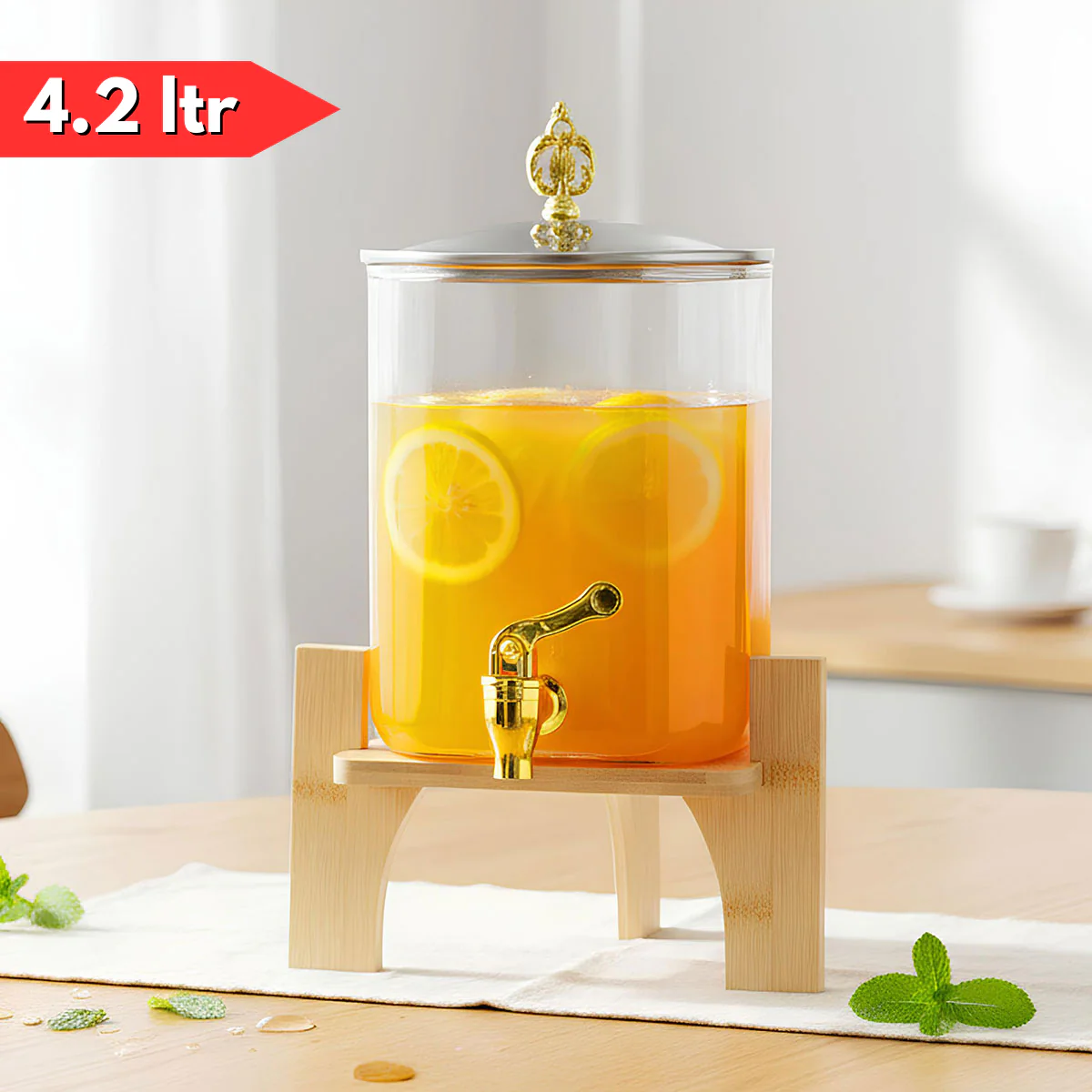 AM6276 High Borosilicate Glass Beverage Dispenser with Wooden Stand 4200 ml β 1 Piece Set