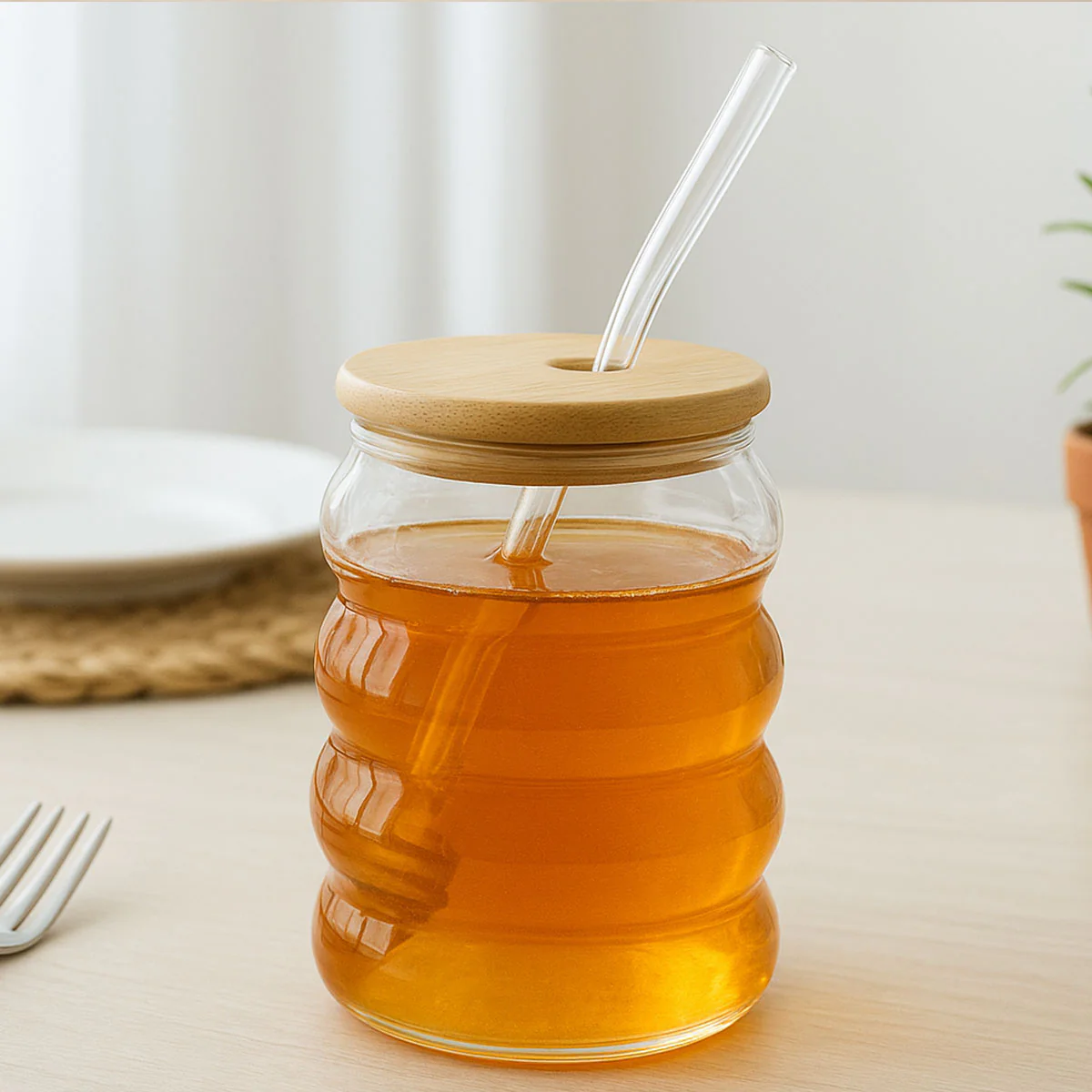 AM6279 Stylish High Borosilicate Glass Honey Jar with Wooden Dipper and Lid (550 ml) â€“ 1 Pc