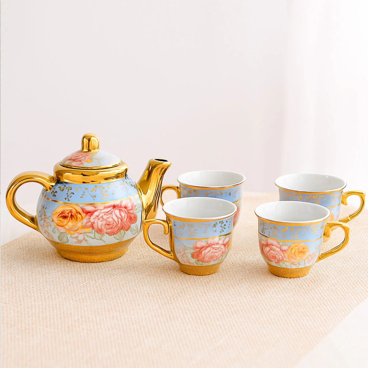 AM6280 Elegant Floral Blue & Gold Ceramic Tea Set with Teapot and 4 Cups – Premium Vintage Design - Image 2