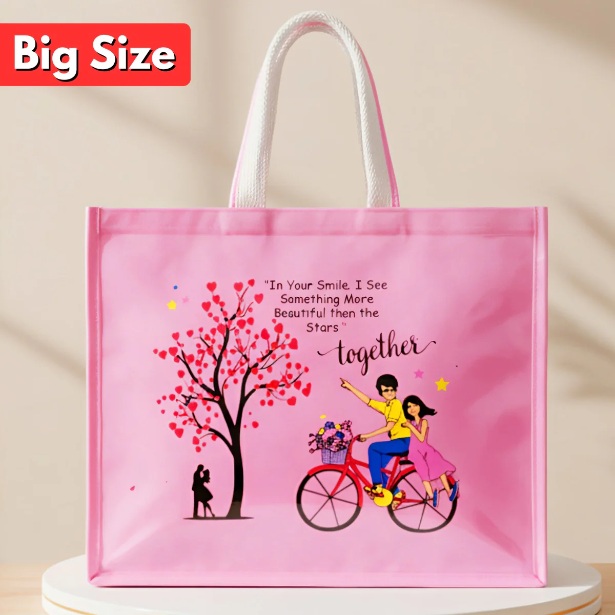 AM6281 Big Love Theme Pink Jute Bag - Reusable Shopping & Gift Carry Bag - Image 2