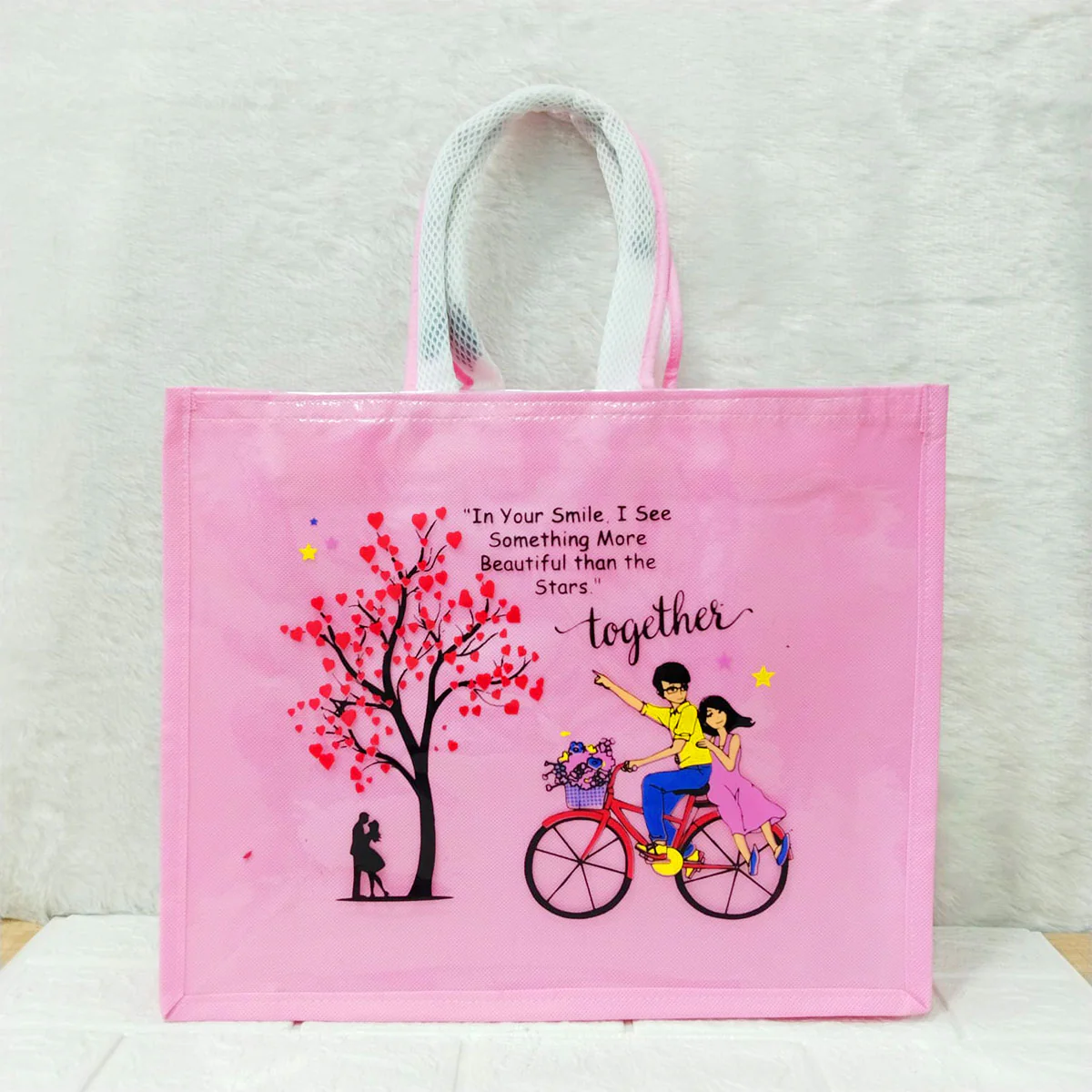 AM6281 Big Love Theme Pink Jute Bag - Reusable Shopping & Gift Carry Bag - Image 3