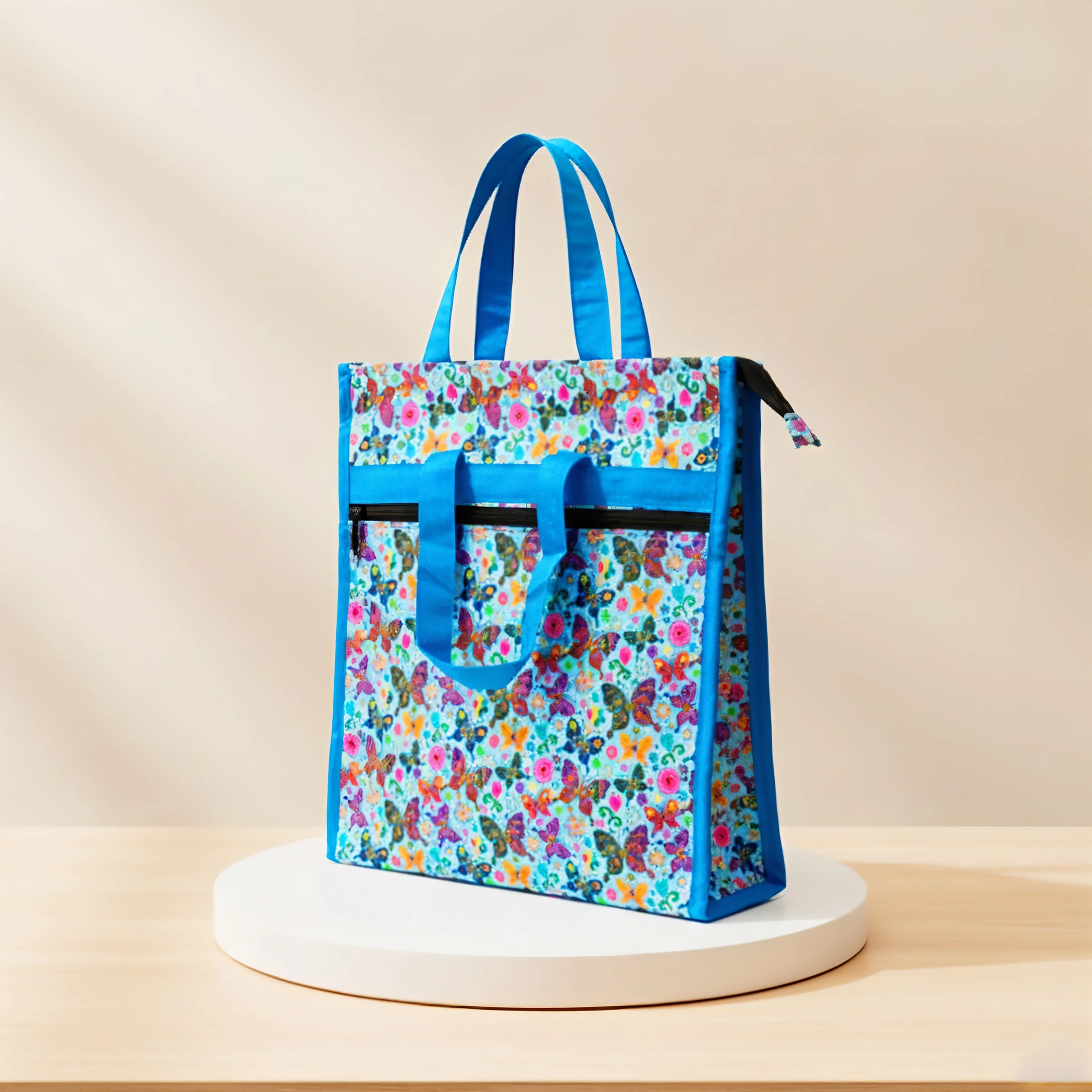 AM6283 Small Vibrant Butterfly Print Jute Bag - Zippered Multi-Purpose Shoulder Bag - Image 3