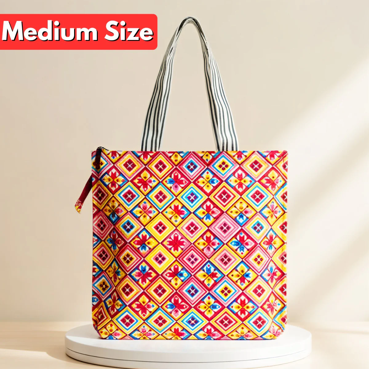 AM6282 Medium Vibrant Geometric & Floral Print Zipper Jute Bag - Reusable Shopping and Carry Bag - Image 2