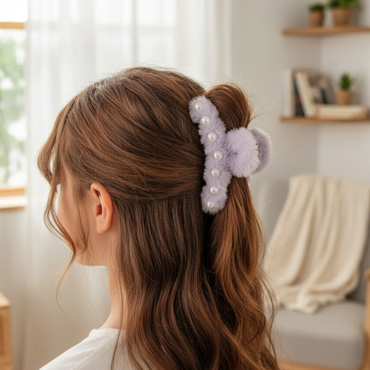 AM6377 Fuzzy Mix Colour hair claw clip with pearl accents - 1pc - Image 3