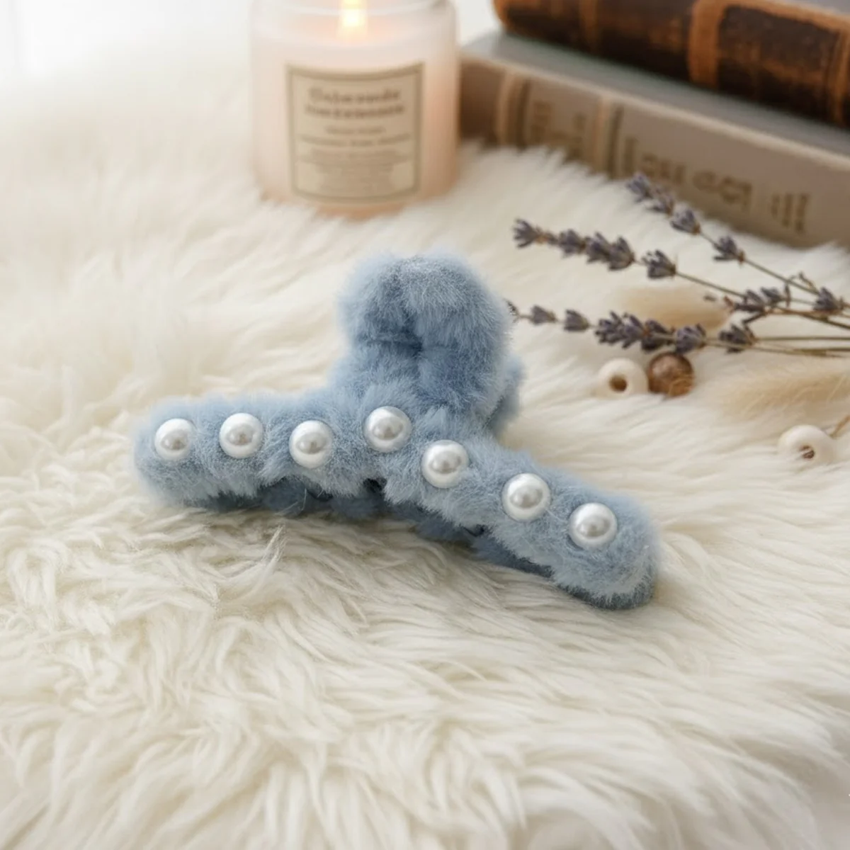 AM6377 Fuzzy Mix Colour hair claw clip with pearl accents - 1pc - Image 5