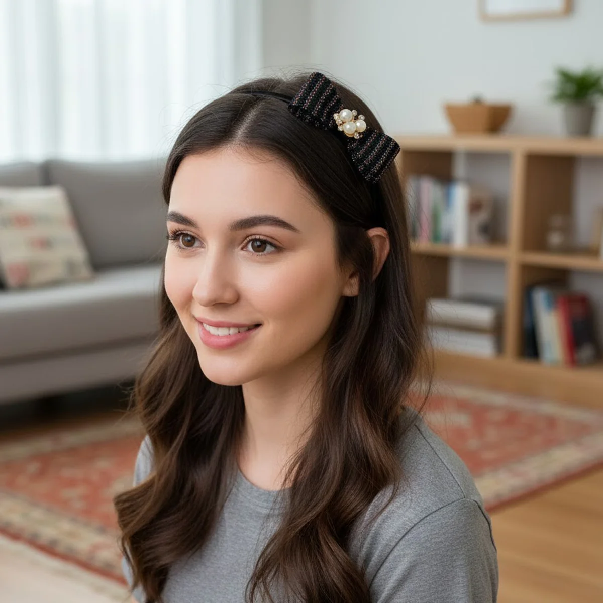 AM6380 Multicolour Elegant Glitter Bow Hairband with Pearl & Stone Centerpiece - Image 2