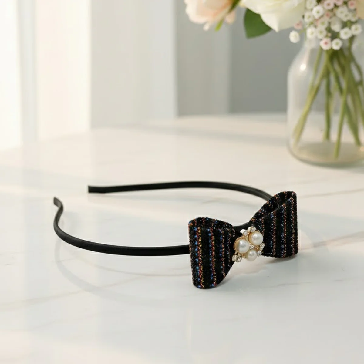 AM6380 Multicolour Elegant Glitter Bow Hairband with Pearl & Stone Centerpiece - Image 4