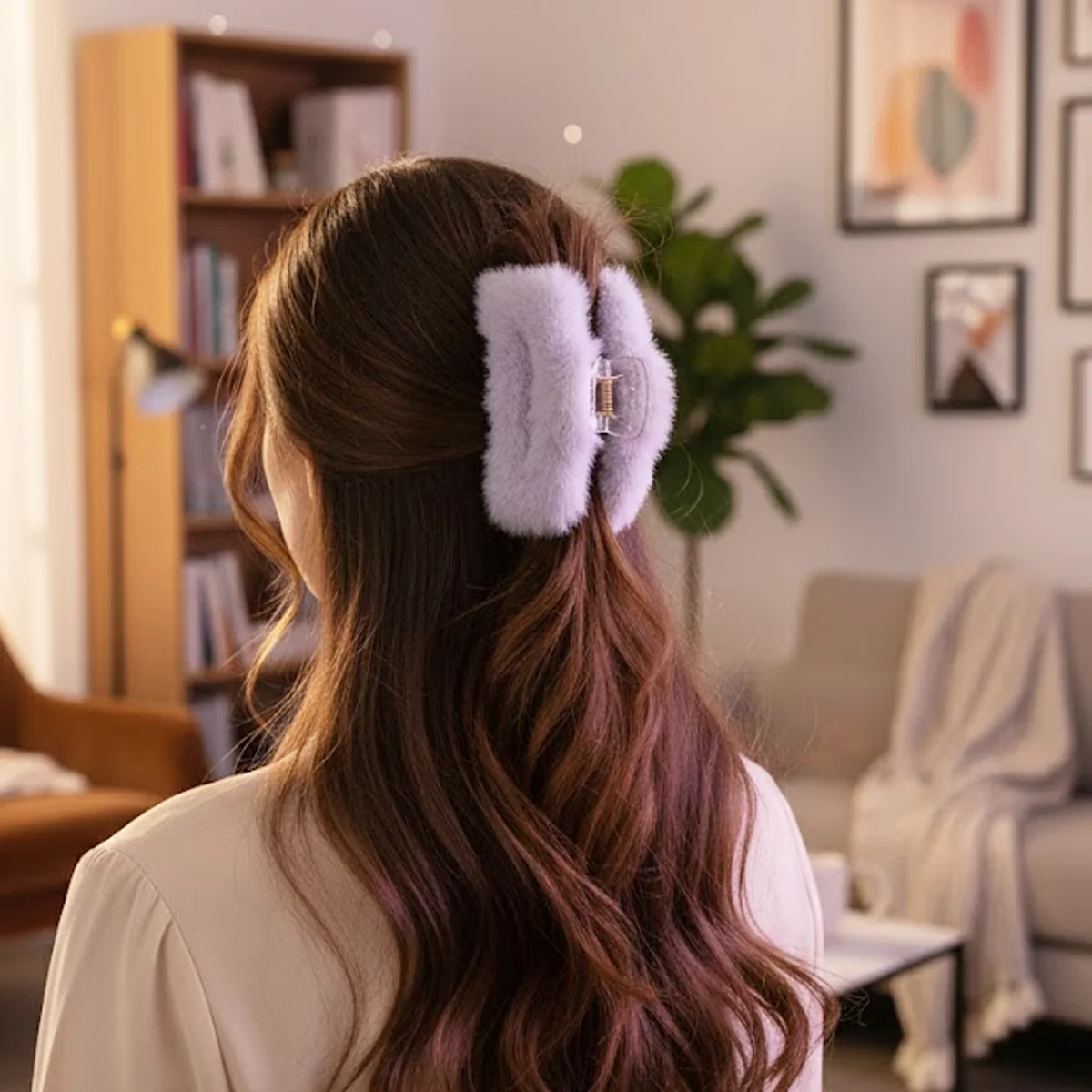 AM6383 Dual Shade Square Shape Fur Hair Claw - 1pc (Multicolour) - Image 2