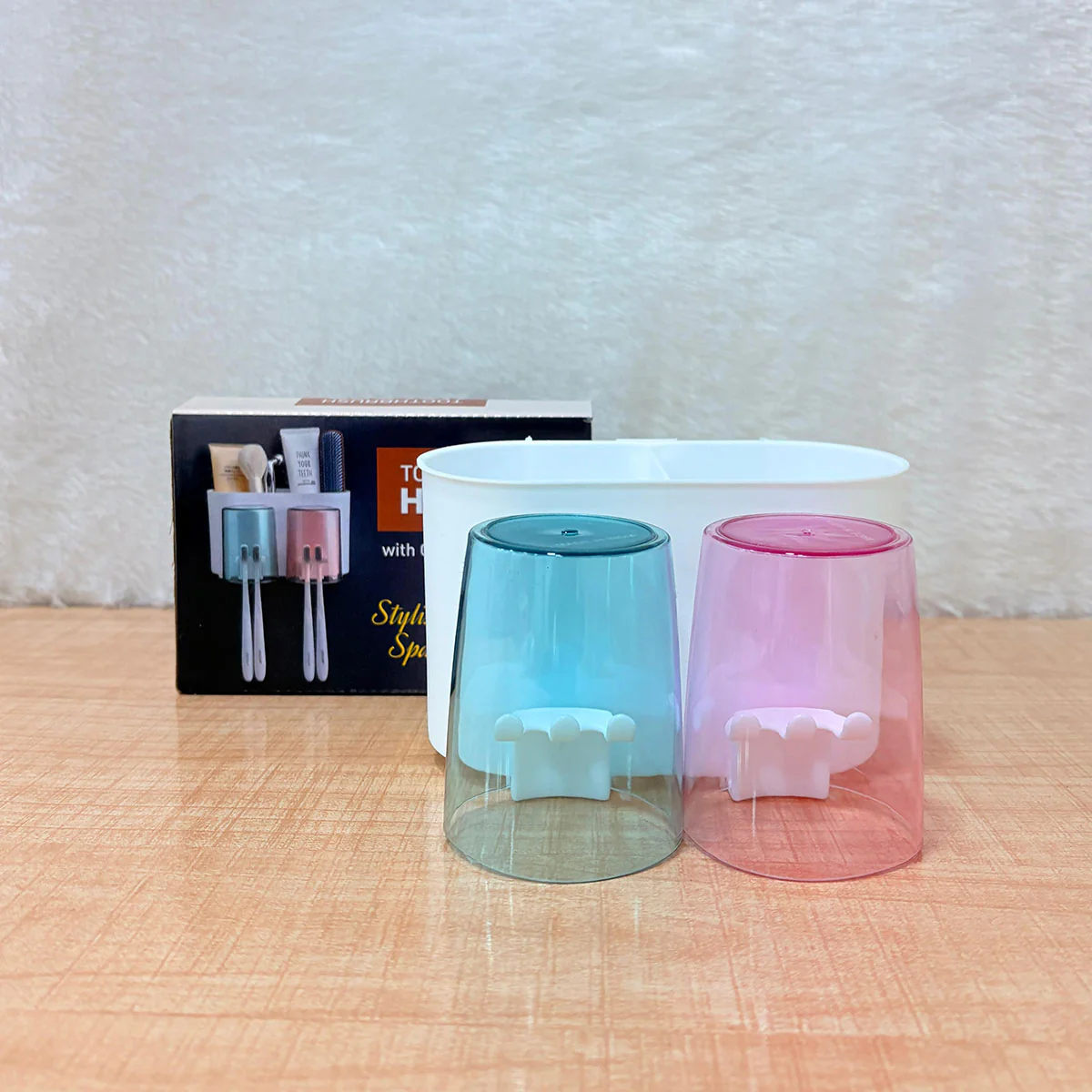AM6480 2 Glass Toothbrush Holder with Dual Cups and Organizer - Image 5
