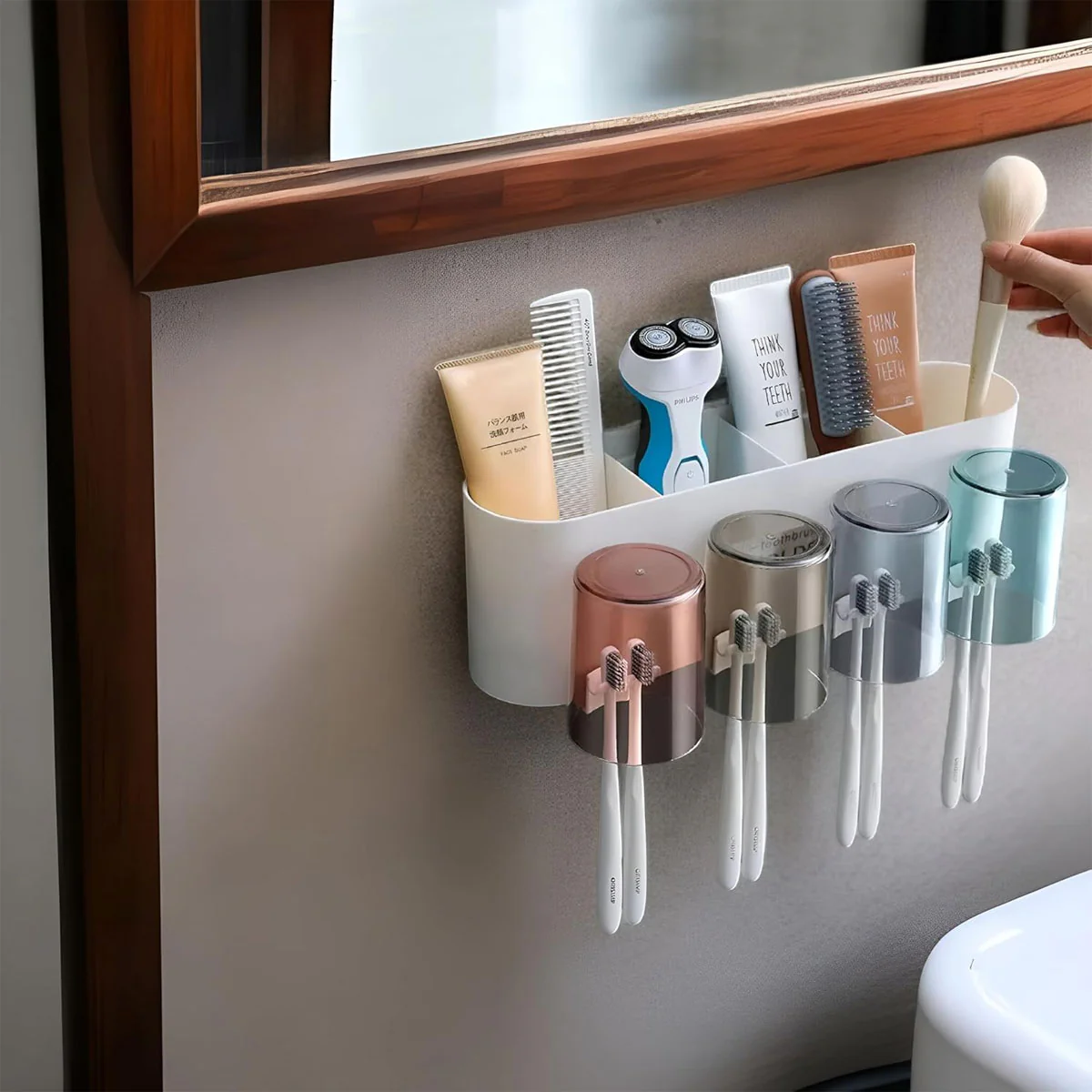 AM6481 3 Glass Toothbrush Holder with Dual Cups and Organizer - Image 4