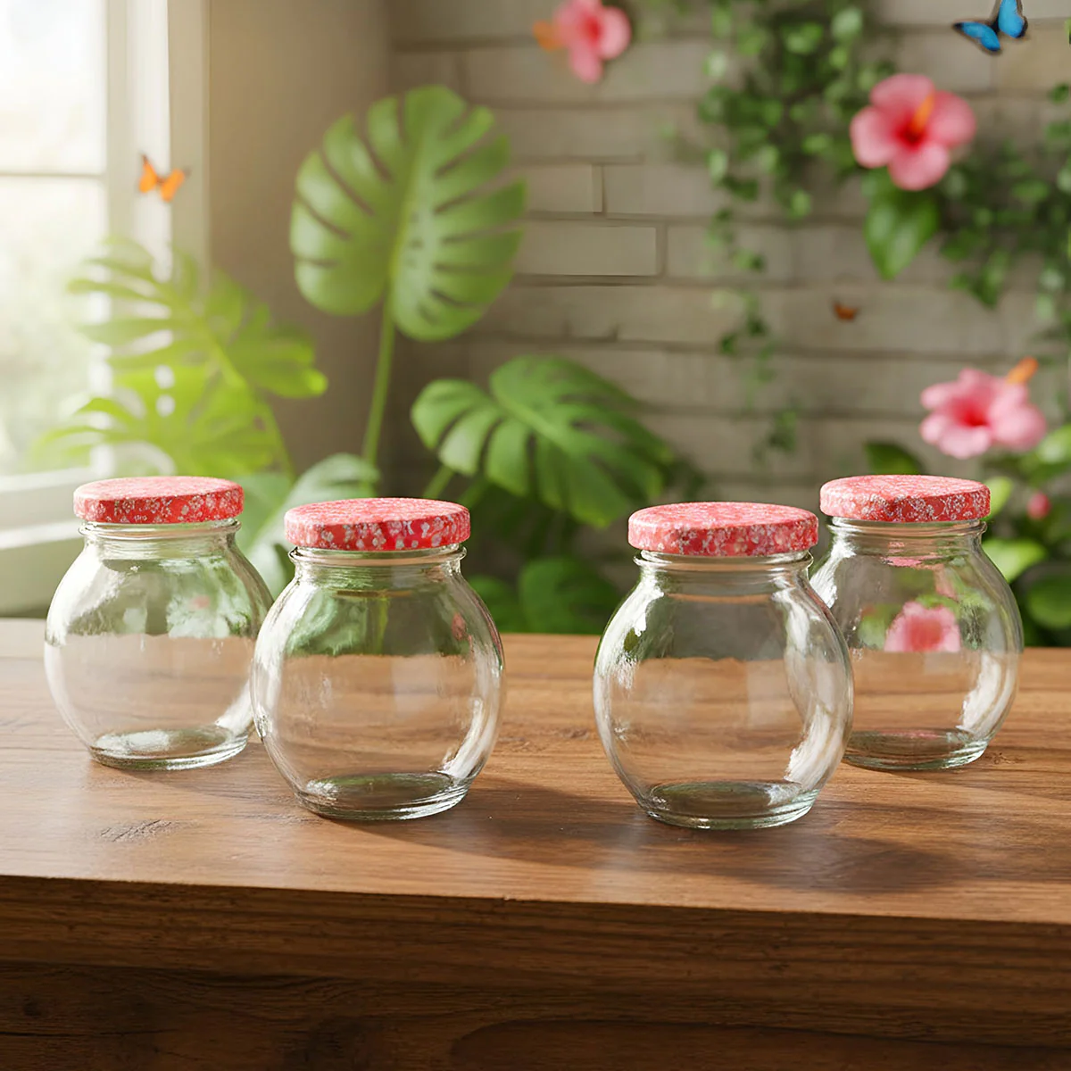 AM6519 YERA Lucia Jars - Round Glass Storage Jars with Floral Print Lids (Set of 4) - Image 2