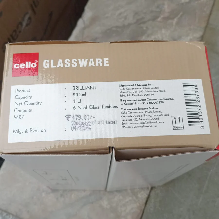 AM6601 Cello Brilliant K-Series Glass Tumbler Set, 215ml (Set of 6) - Image 2