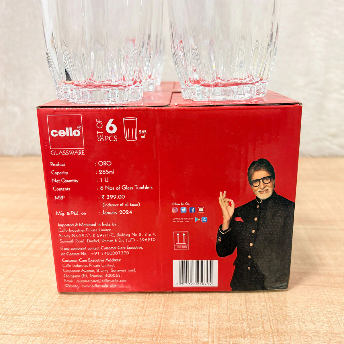 AM6613 Cello ORO Glass Tumbler Set, 265ml (Set of 6) - Image 2