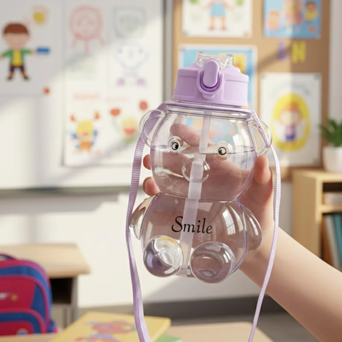 AM6665 Cute Teddy Bear Water Bottle with Straw and Adjustable Shoulder Strap - 1pc - Image 3