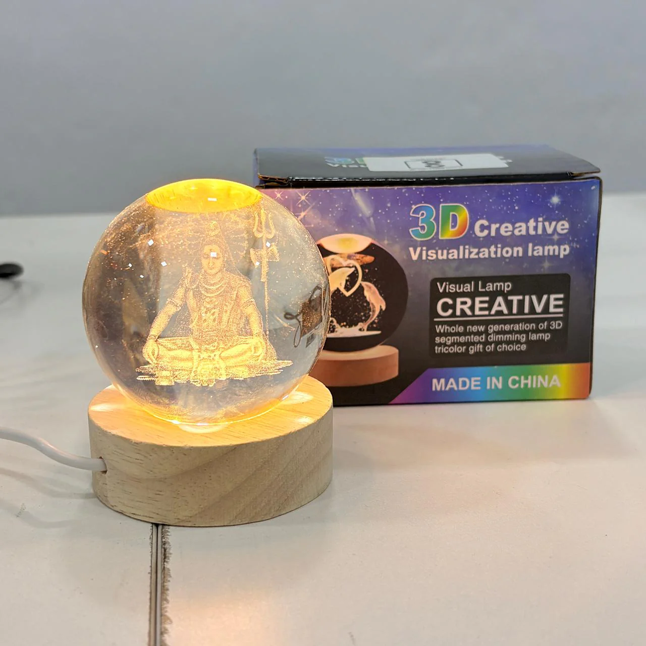 AM6924 3D Laser Engraved Lord Shiva Crystal Ball Night Light with Wooden LED Base - Image 5