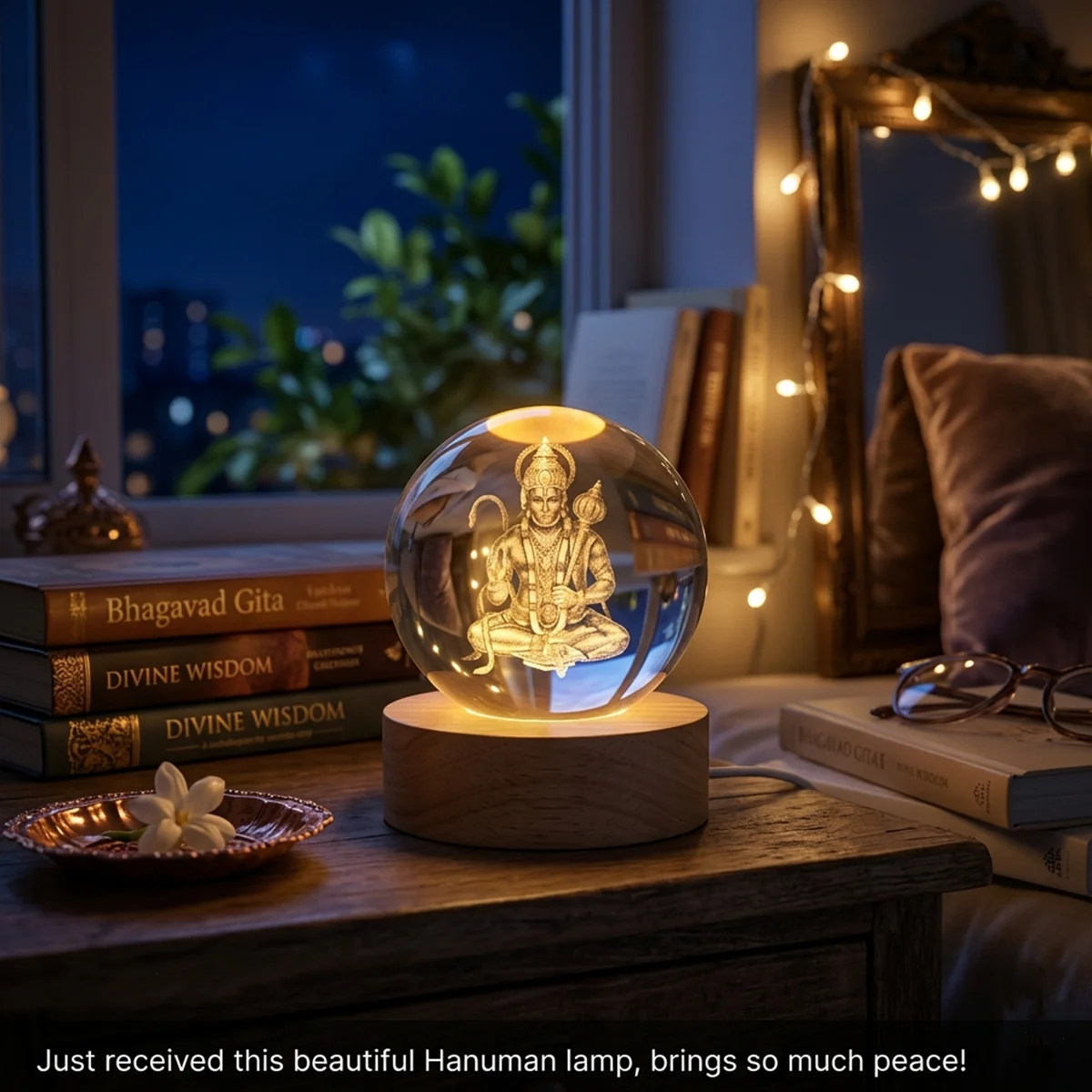 AM6925 3D Laser Engraved Lord Hanuman Crystal Ball Night Light with LED Wooden Base - Image 2