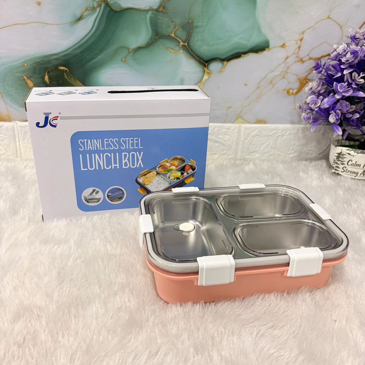 AM7373 JC Premium 3-Compartment Stainless Steel Leak-Proof Lunch Box (Peach/Pink) - Image 2
