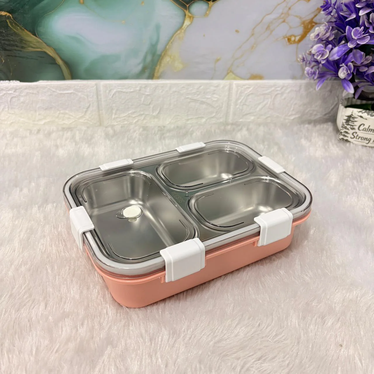 AM7373 JC Premium 3-Compartment Stainless Steel Leak-Proof Lunch Box (Peach/Pink) - Image 4
