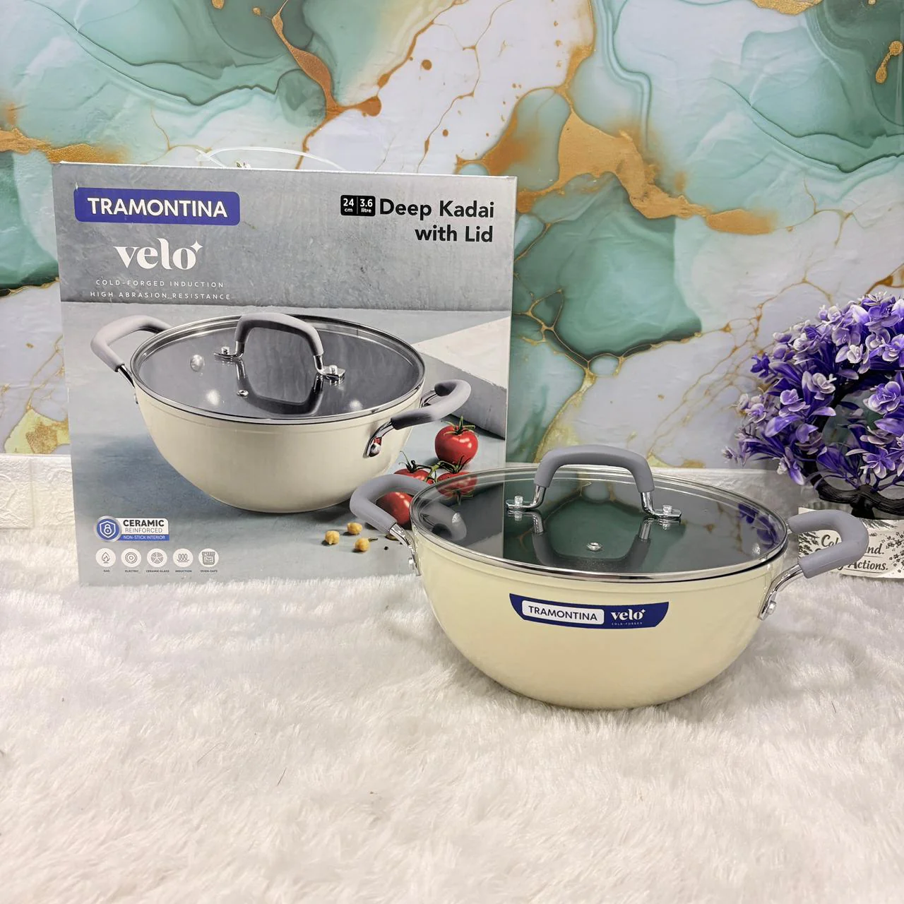 AM7386 Tramontina Velo Forged Deep Kadai with Glass Lid - 24 cm (Sand) - Image 2