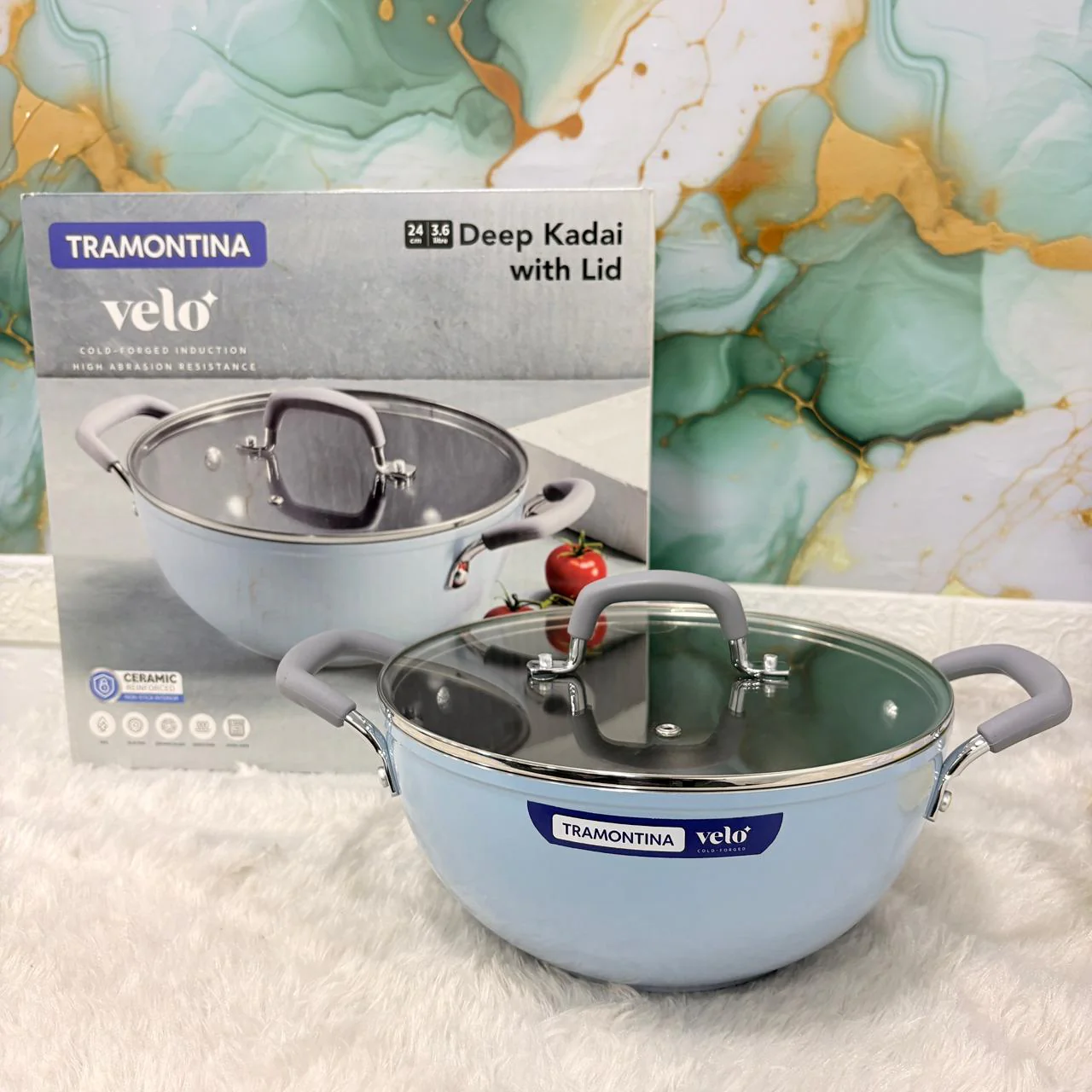 AM7387 Tramontina Velo 24 cm Forged Deep Kadai with Glass Lid - [Sea] - Image 2
