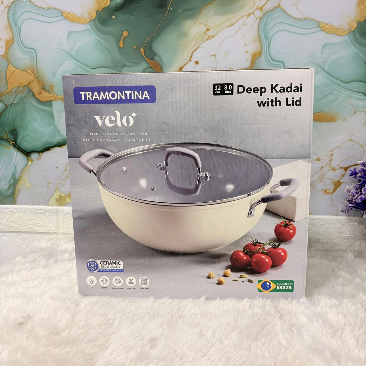 AM7388 Tramontina Velo Forged Deep Kadai with Glass Lid - 32cm (Sand) - Image 3